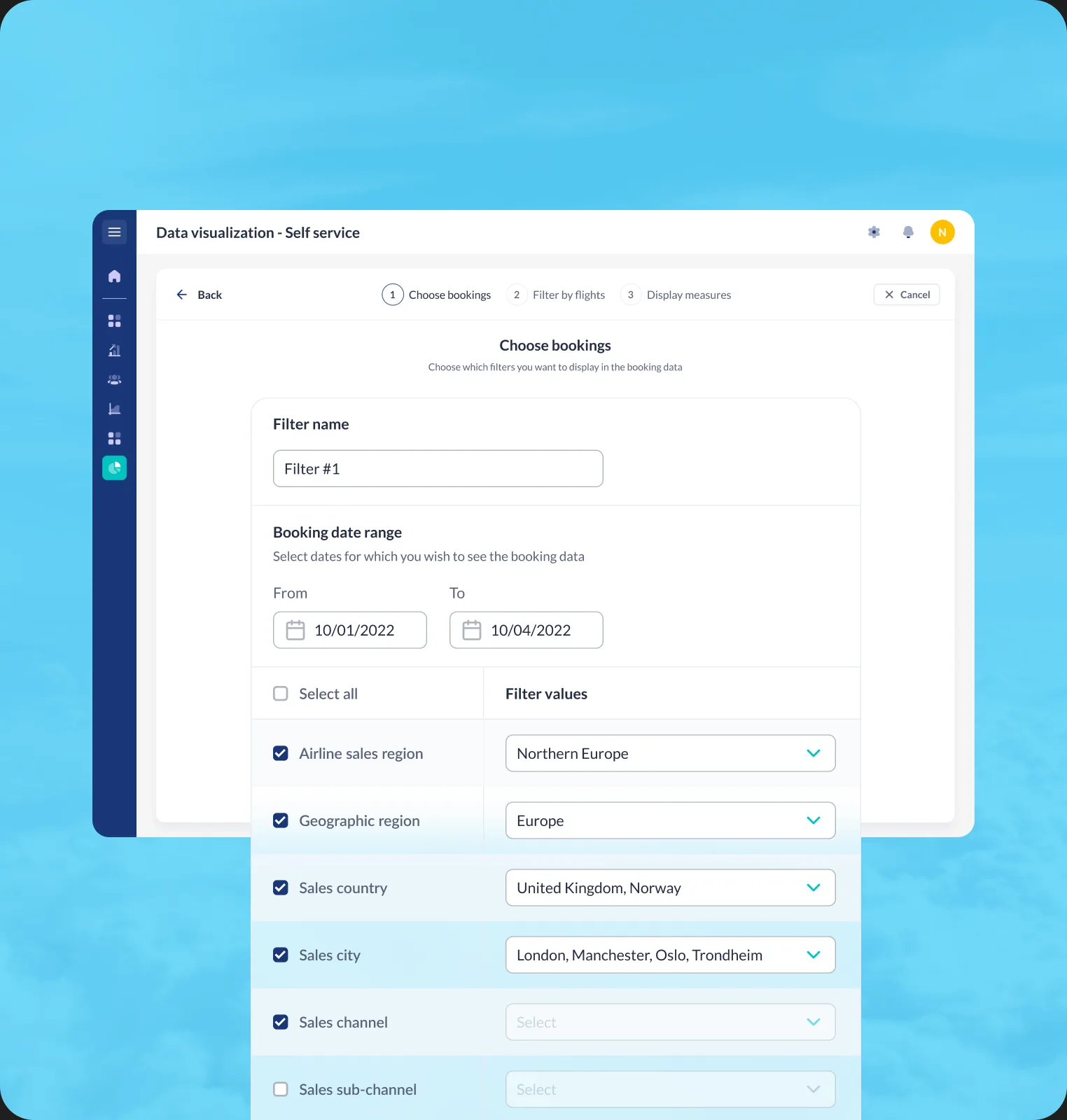 Filter builder selecting booking date range, sales region, country and channel