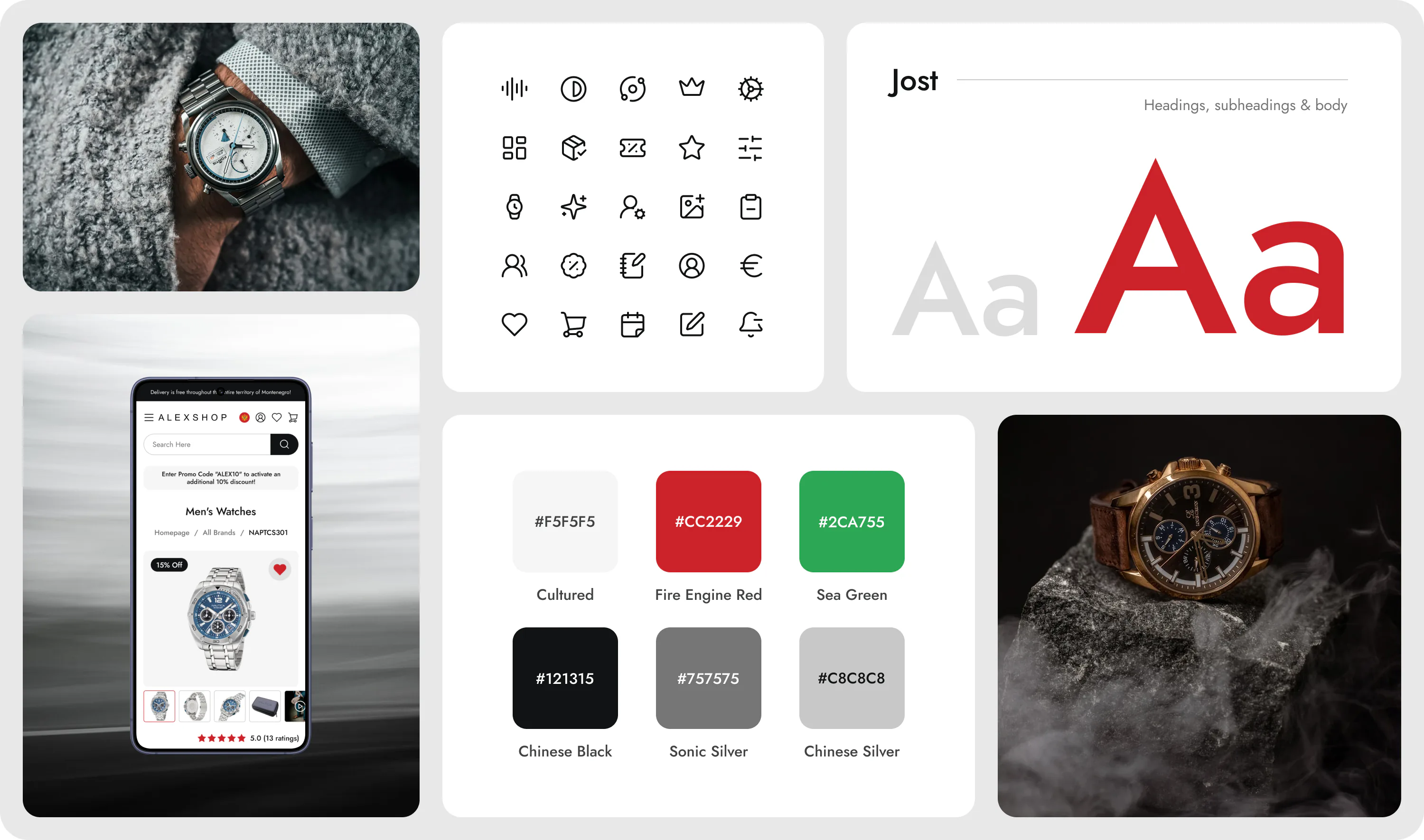 The Alexshop design system: product photography, icon set, Jost type scale and the colour palette