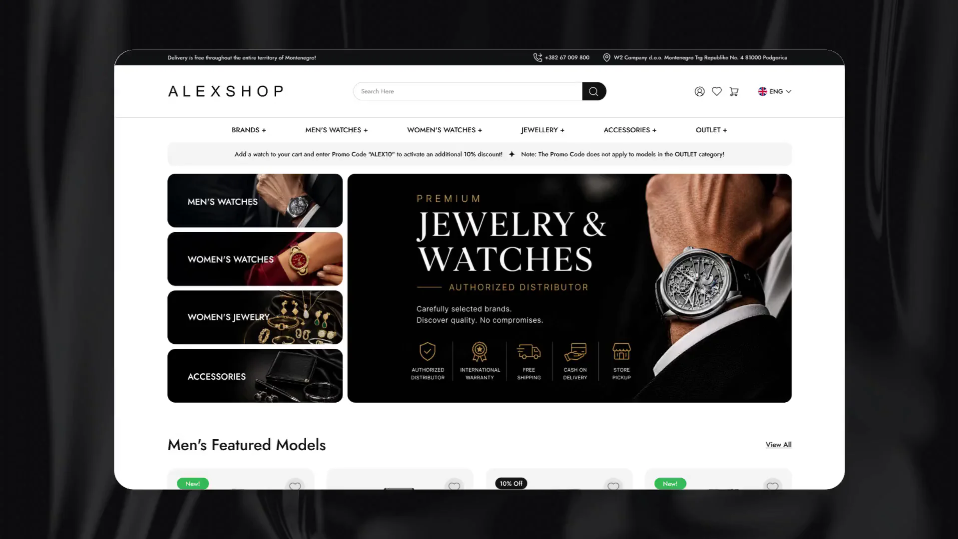 The Alexshop storefront with the jewellery and watches hero and the language switcher