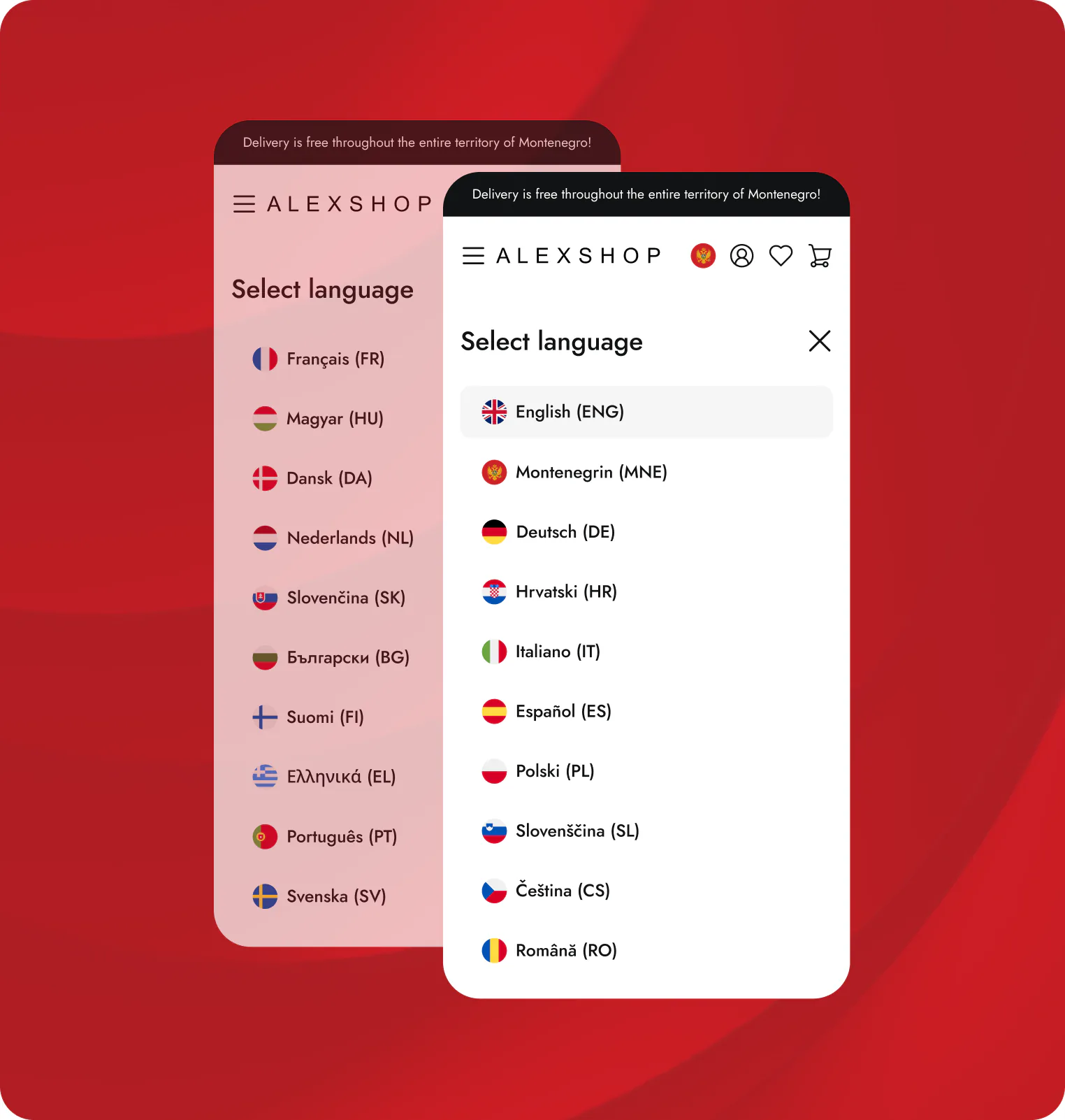 The Alexshop language switcher on mobile, listing English, Montenegrin, German, Croatian, Italian and more