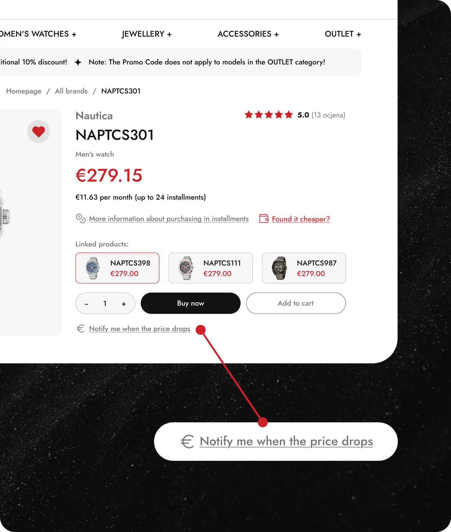 The product page with the notify me when the price drops link highlighted