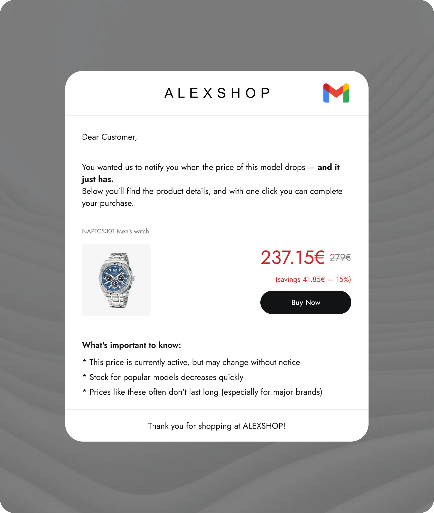 The price-drop email a customer receives, with the new price and a buy now button