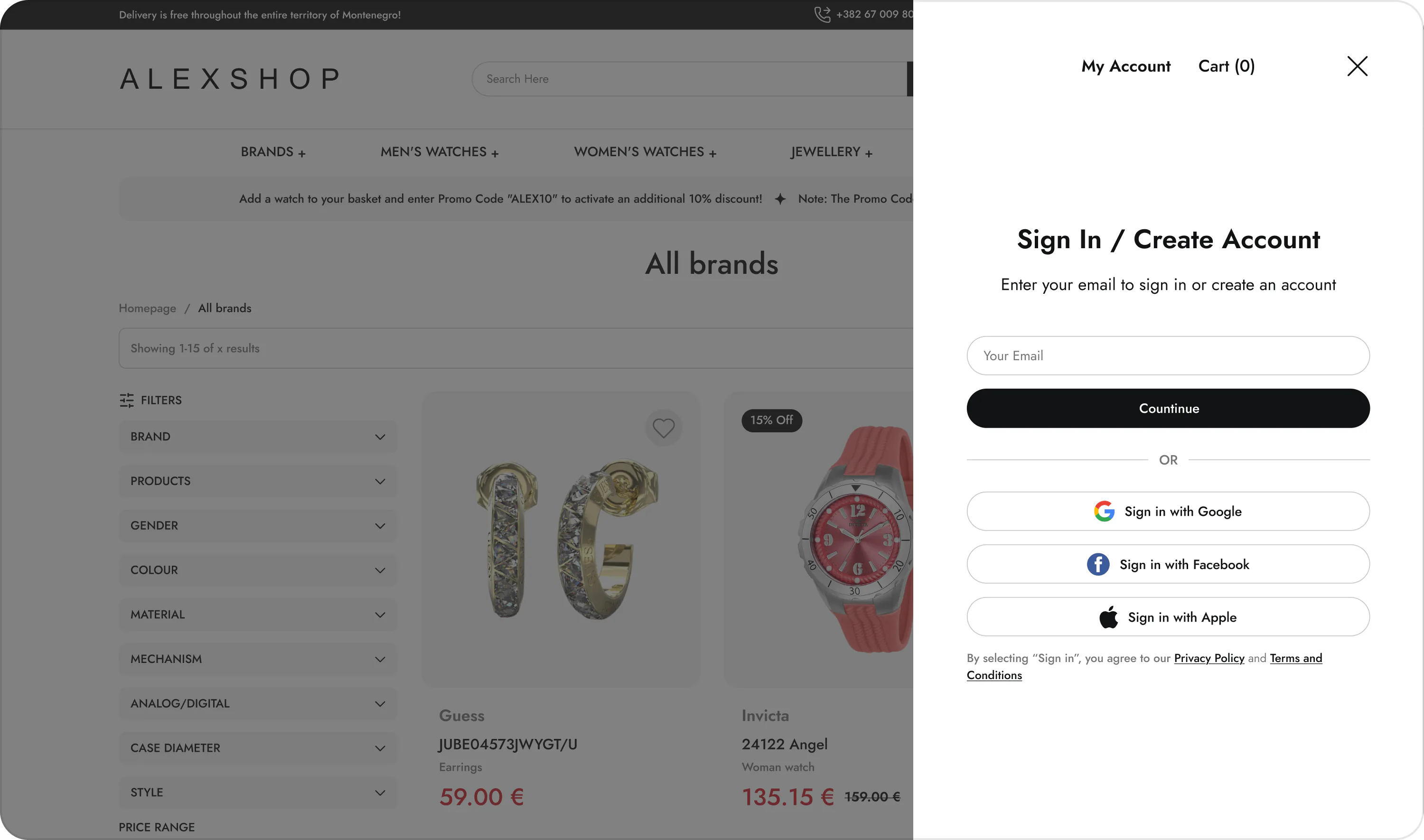The Alexshop brands listing with the sign-in panel open, offering Google, Facebook and Apple