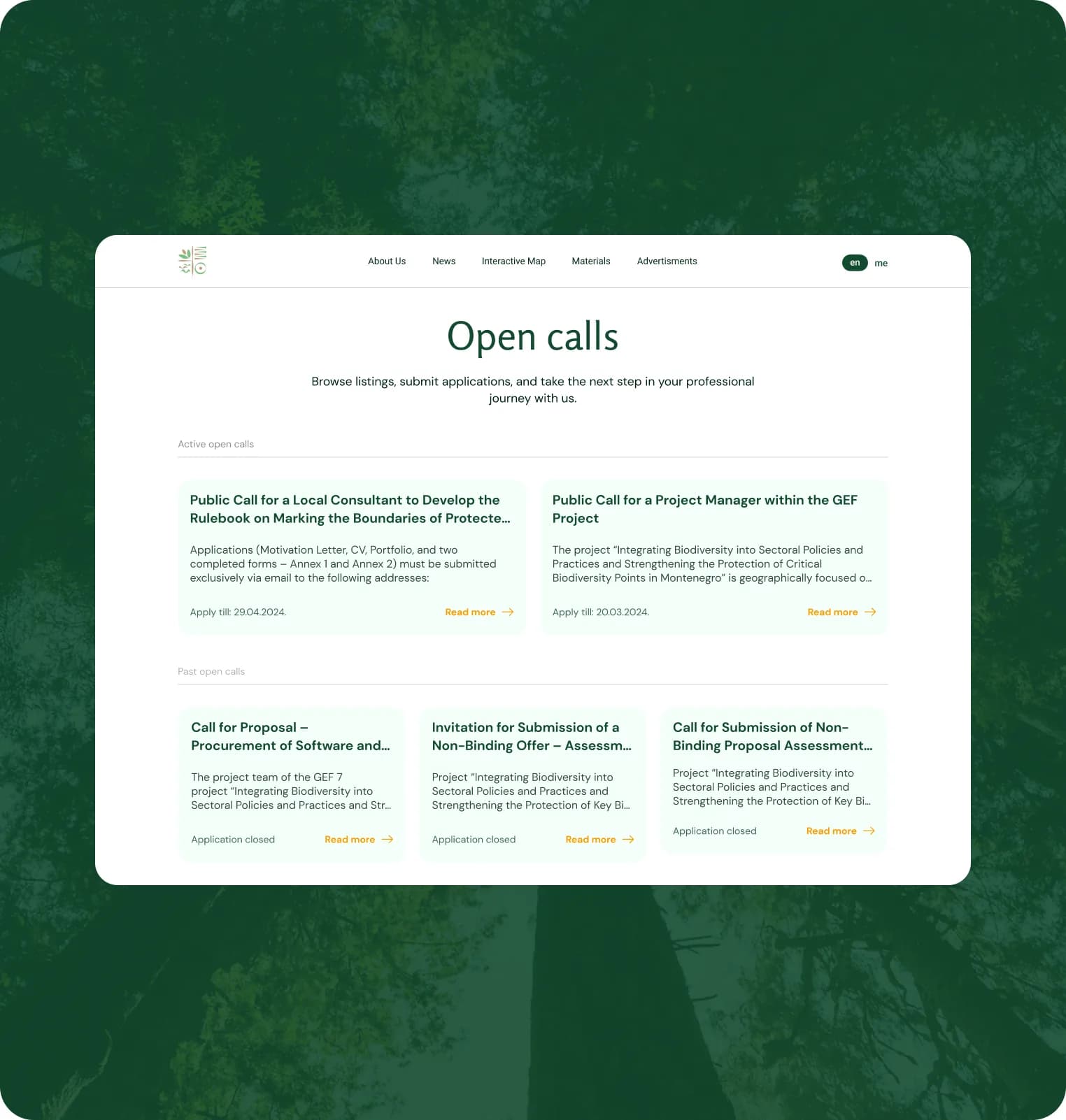 The open calls page listing active calls above closed ones, each with a deadline and application link