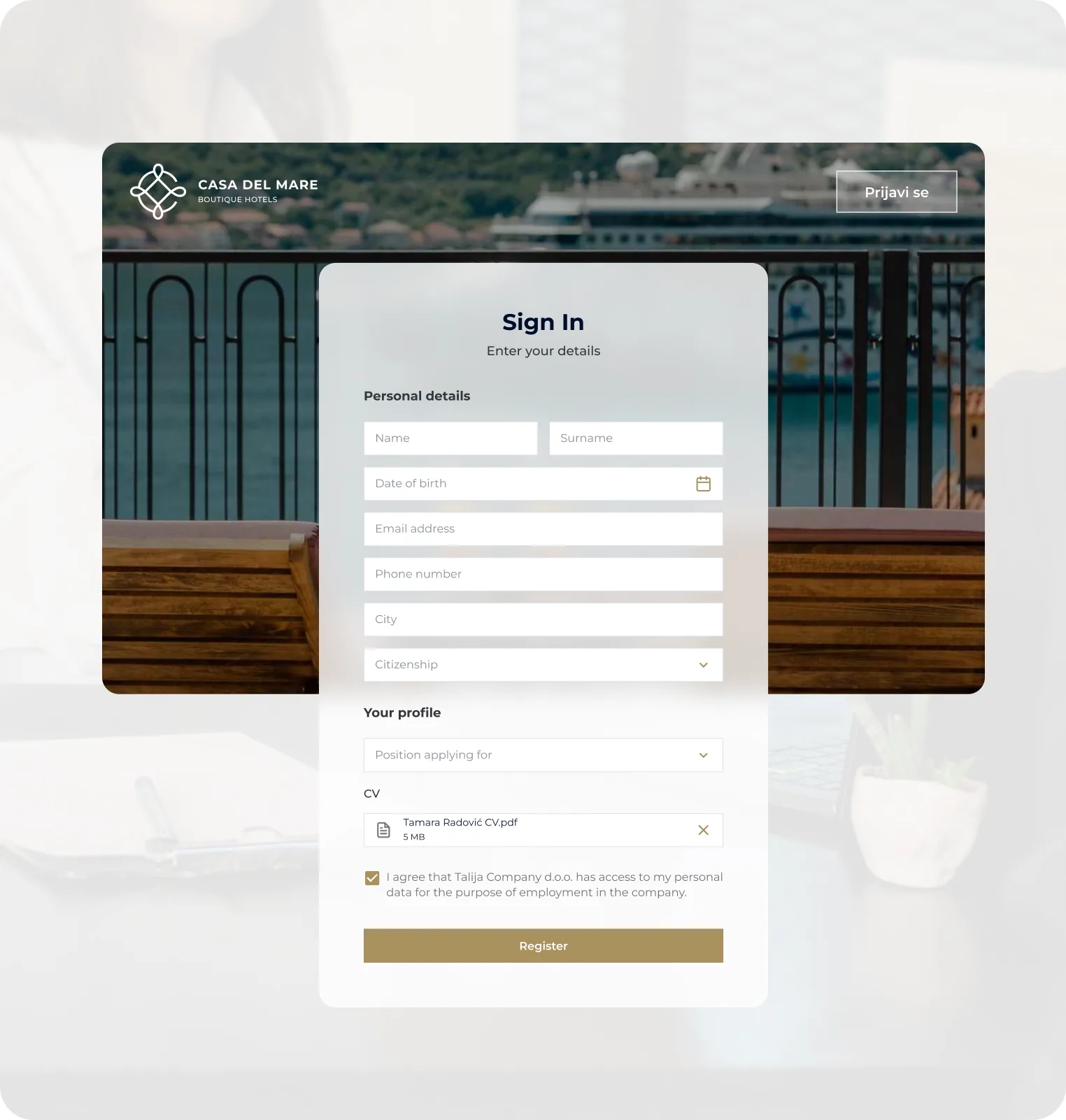 Job application form feeding the Casa del Mare HR database