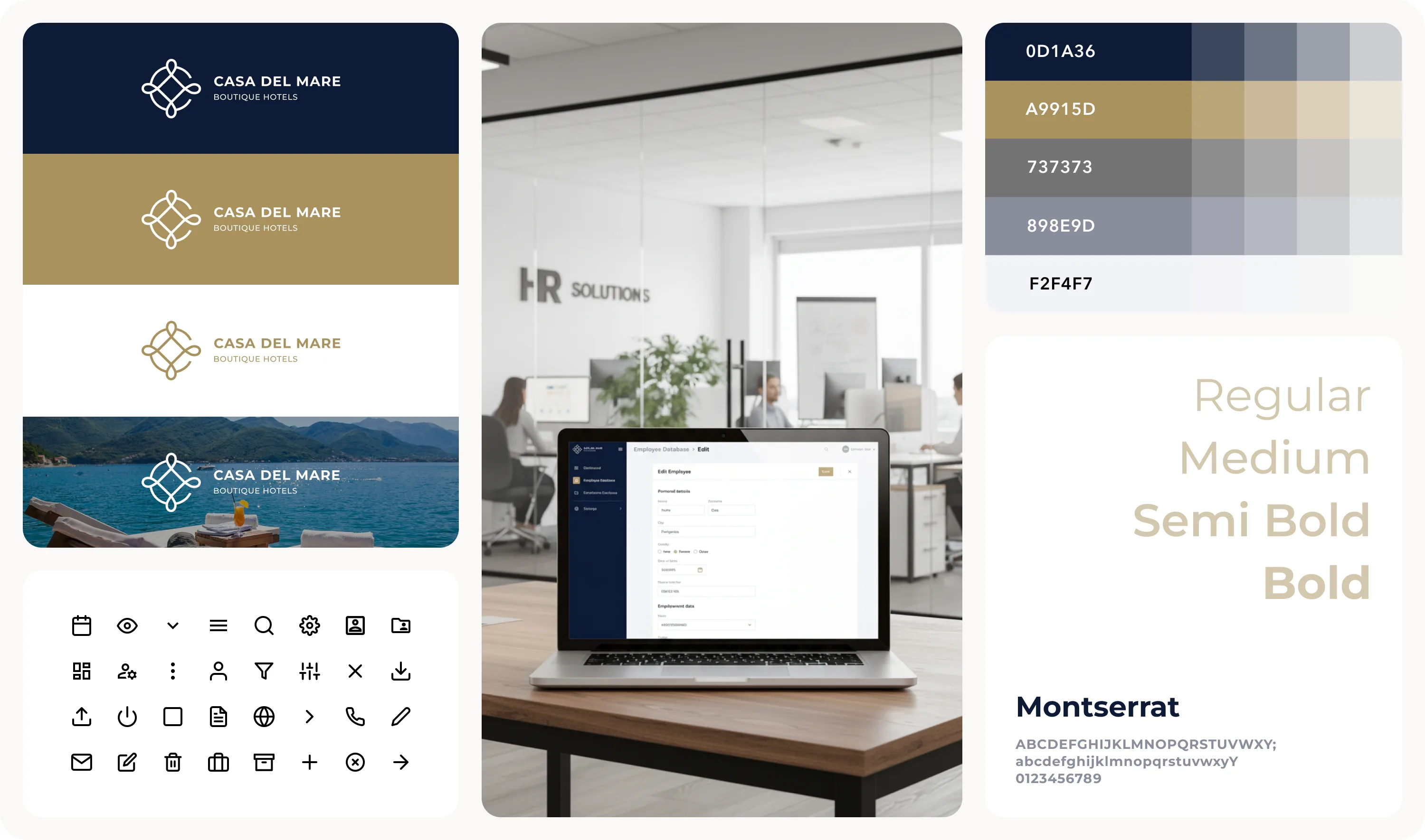 Casa del Mare brand board: logo, navy and gold palette, Montserrat typography and product icons