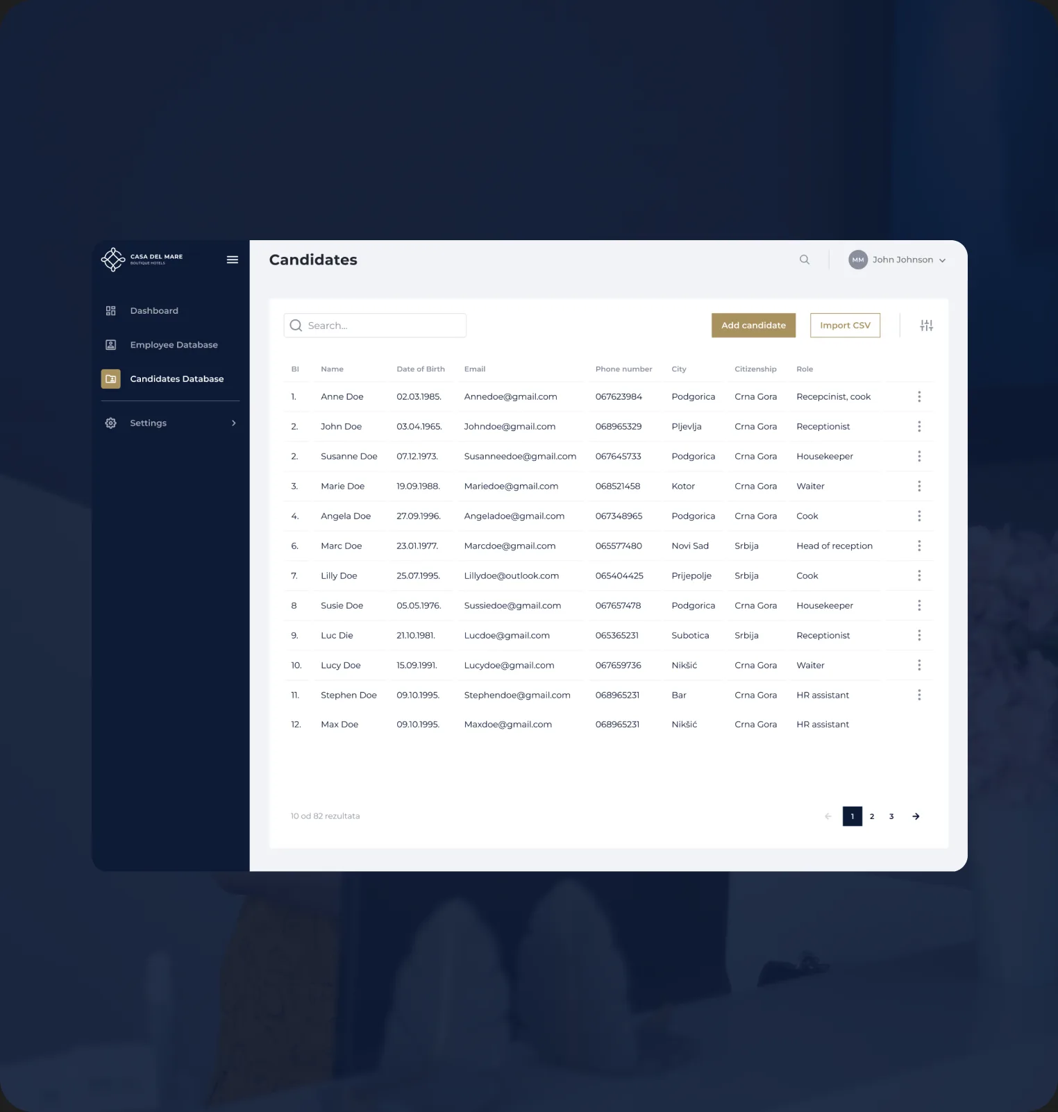 Candidate database with filters and one-click convert to employee