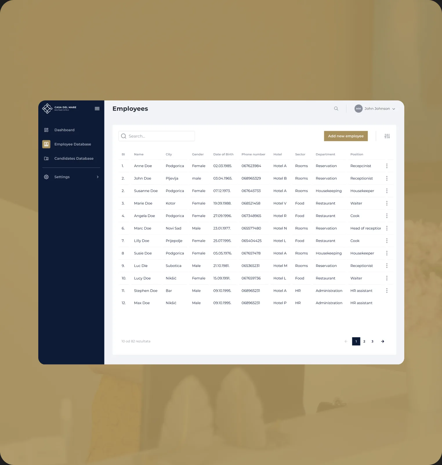 Employee database filtered by hotel, sector and job role