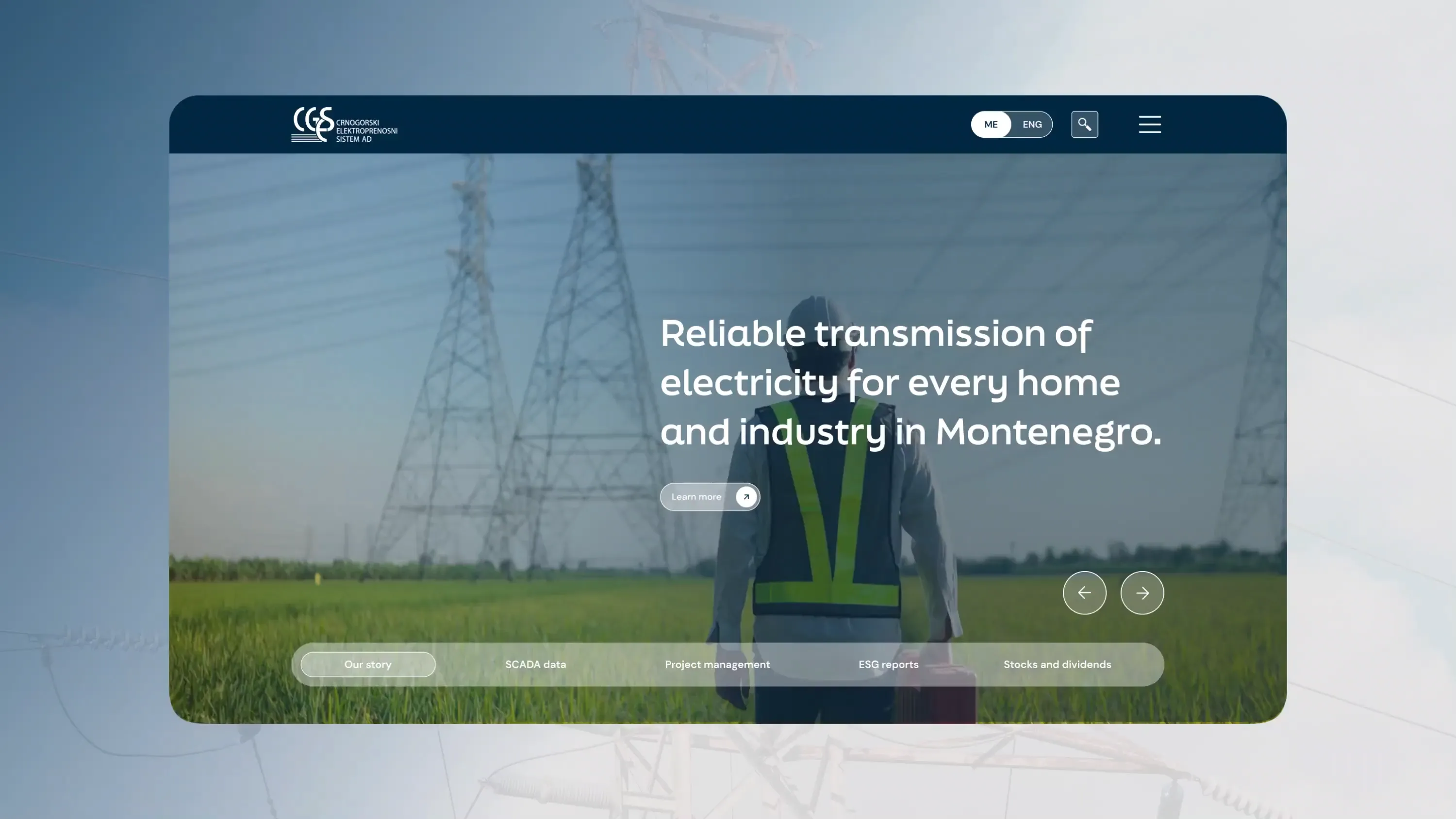 The CGES homepage with the Montenegrin and English language switcher