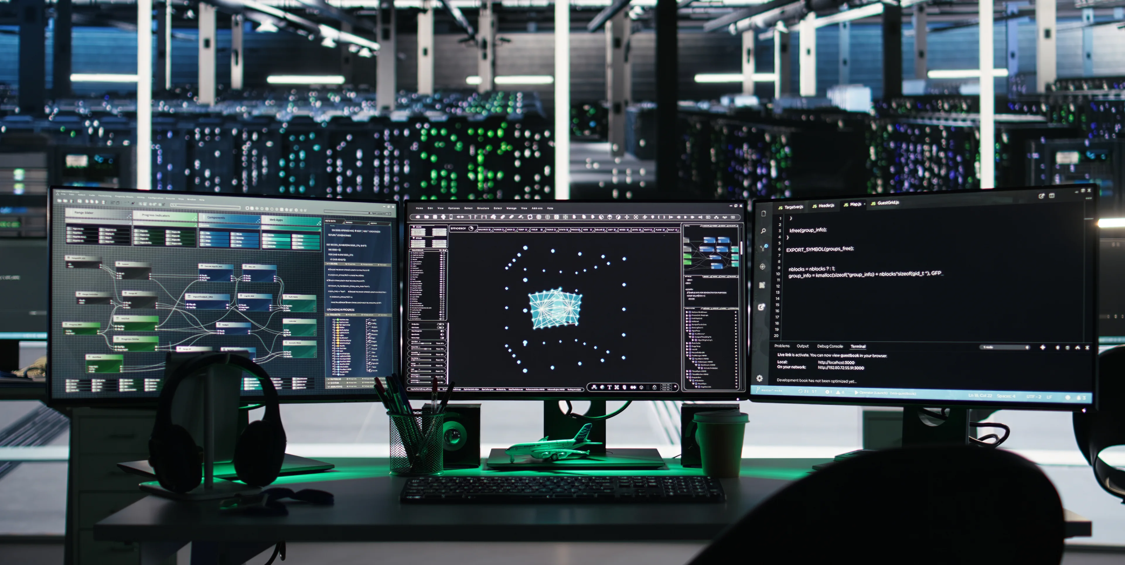 A monitoring workstation in a data centre, with network topology and code on three screens