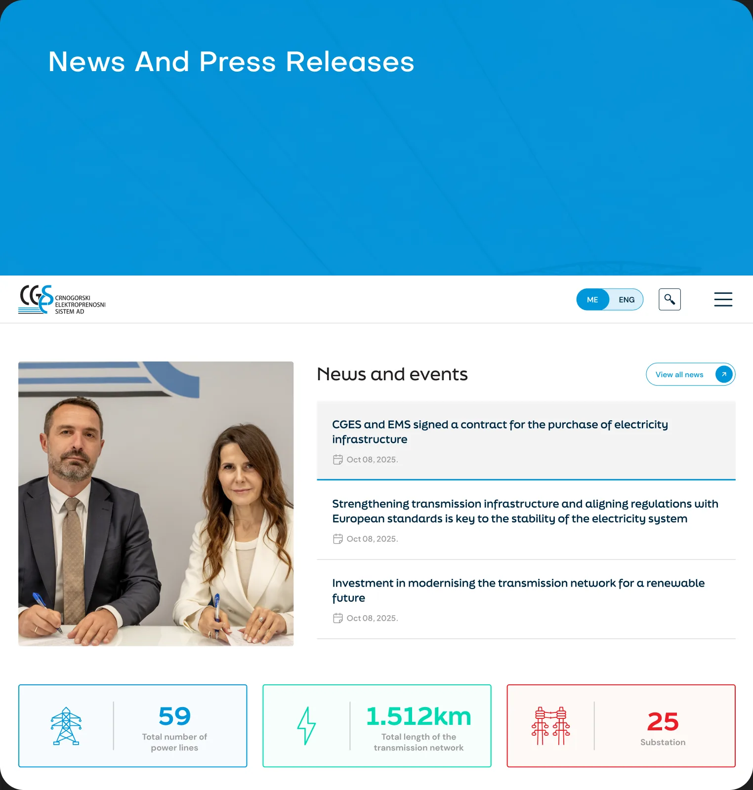 The news and events page with press releases and the grid statistics counters