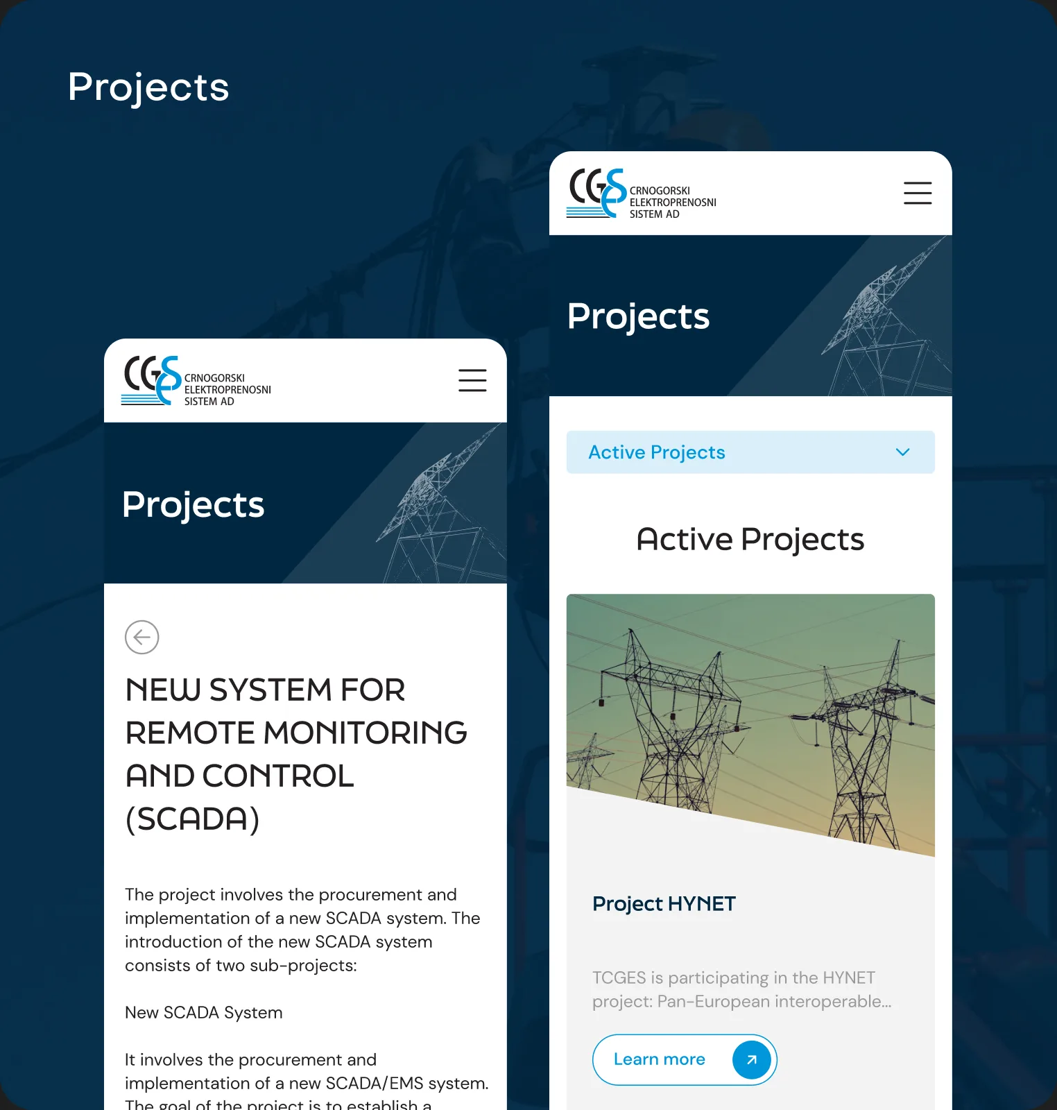 The projects section on mobile, showing the active project list and the SCADA remote monitoring project