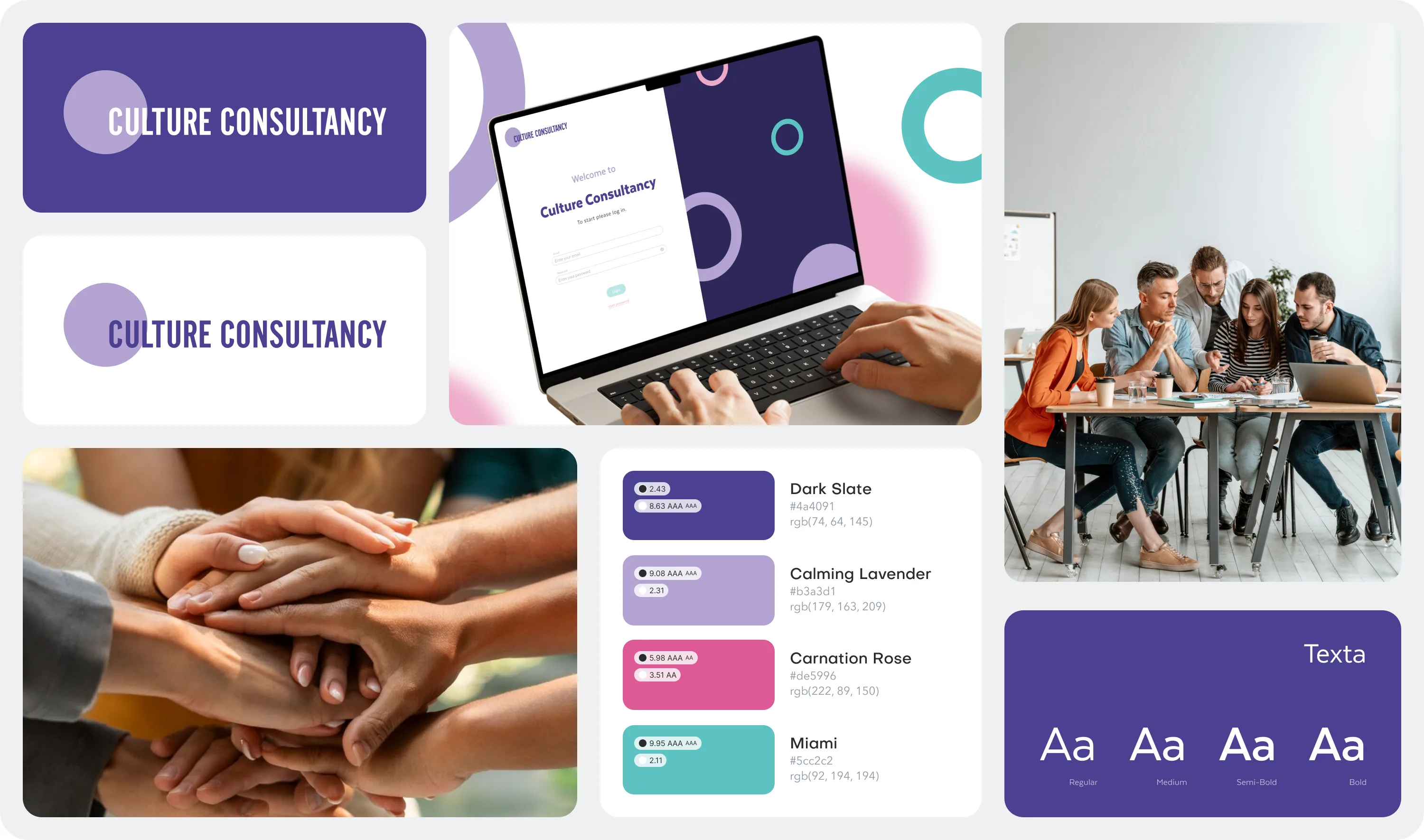 CultureEmbed brand board: logo, colour palette, typography and product shots