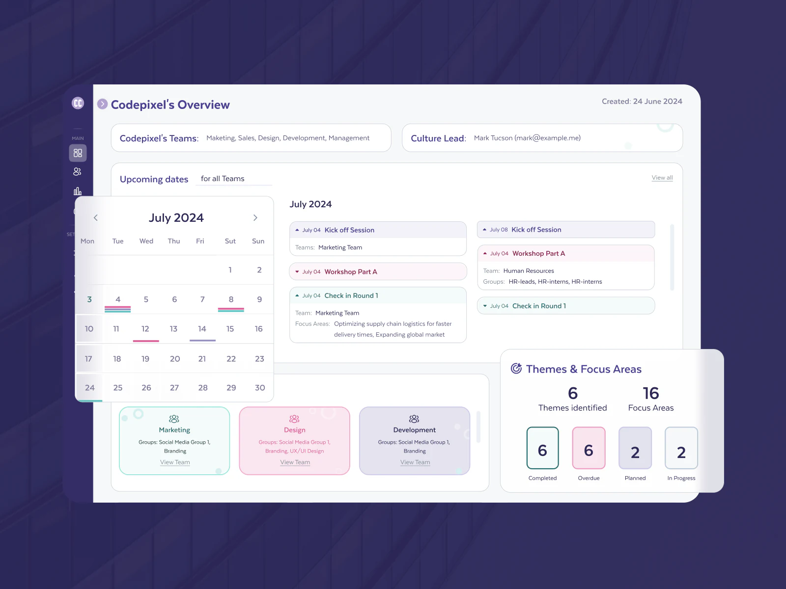 CultureEmbed consultant overview with upcoming sprints on a calendar