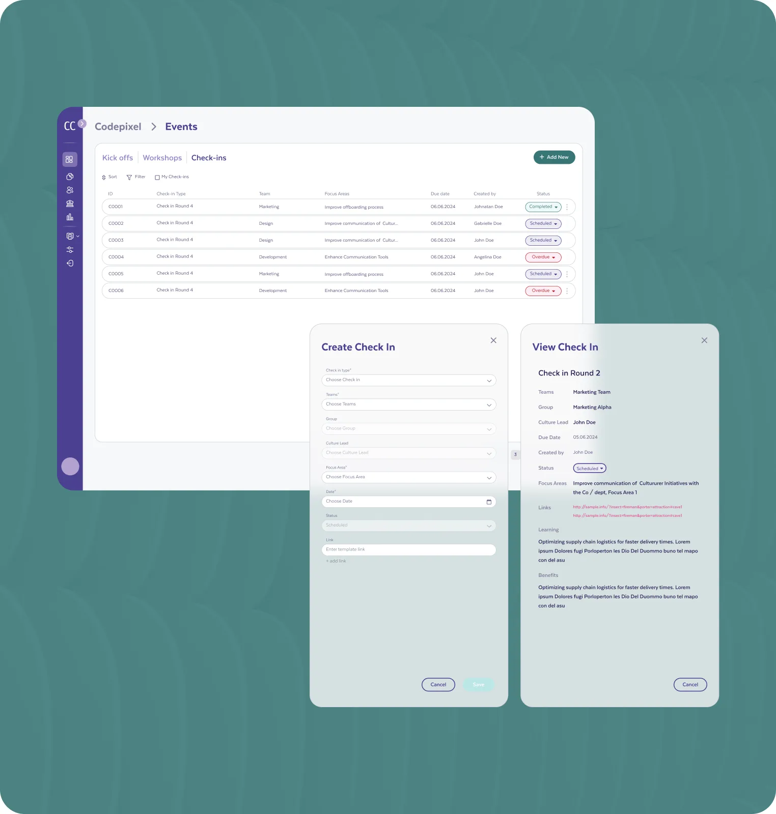 Check-in events scheduled against a focus area with summaries of the work done