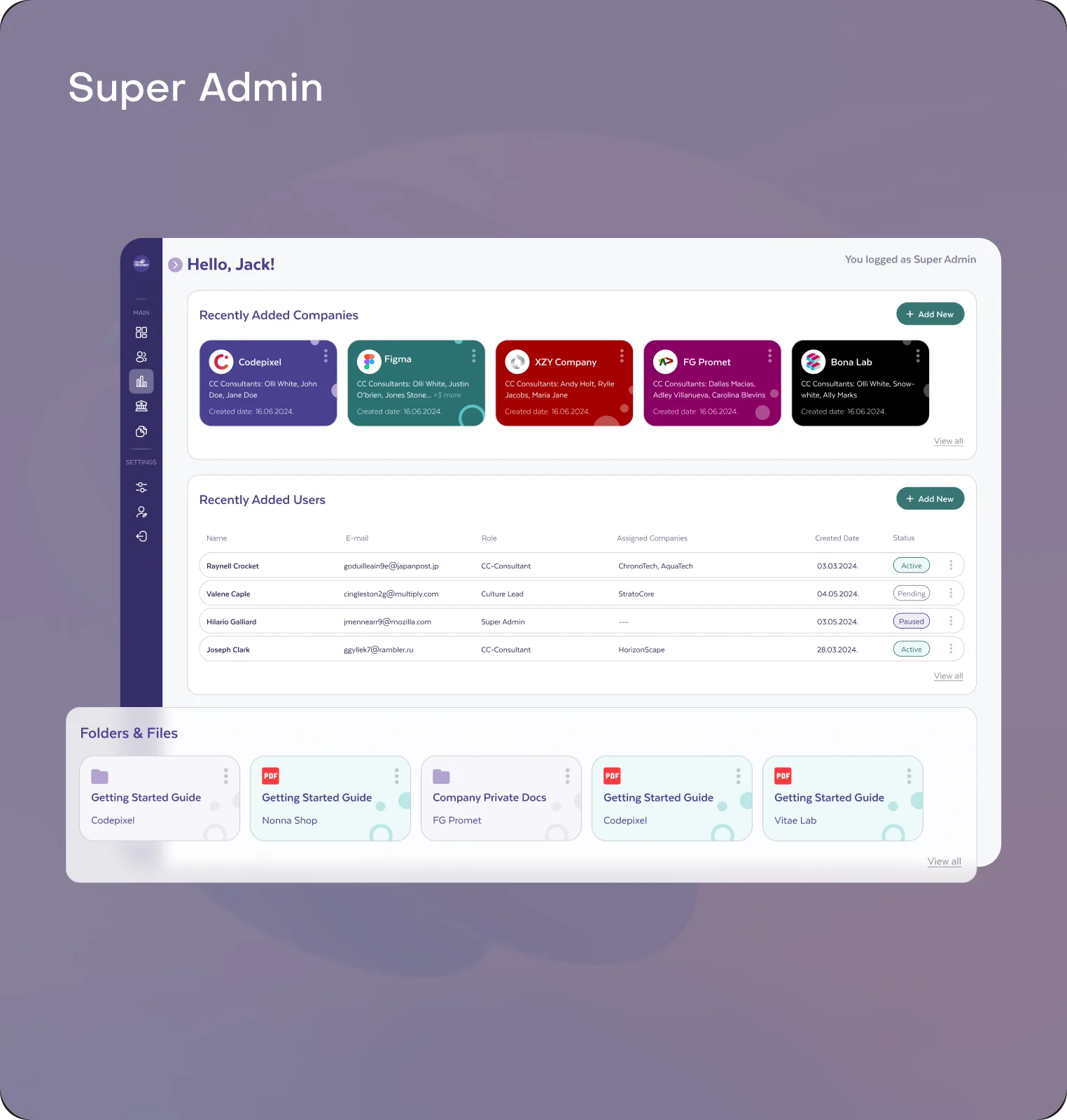 Super admin dashboard listing recently added client companies and users