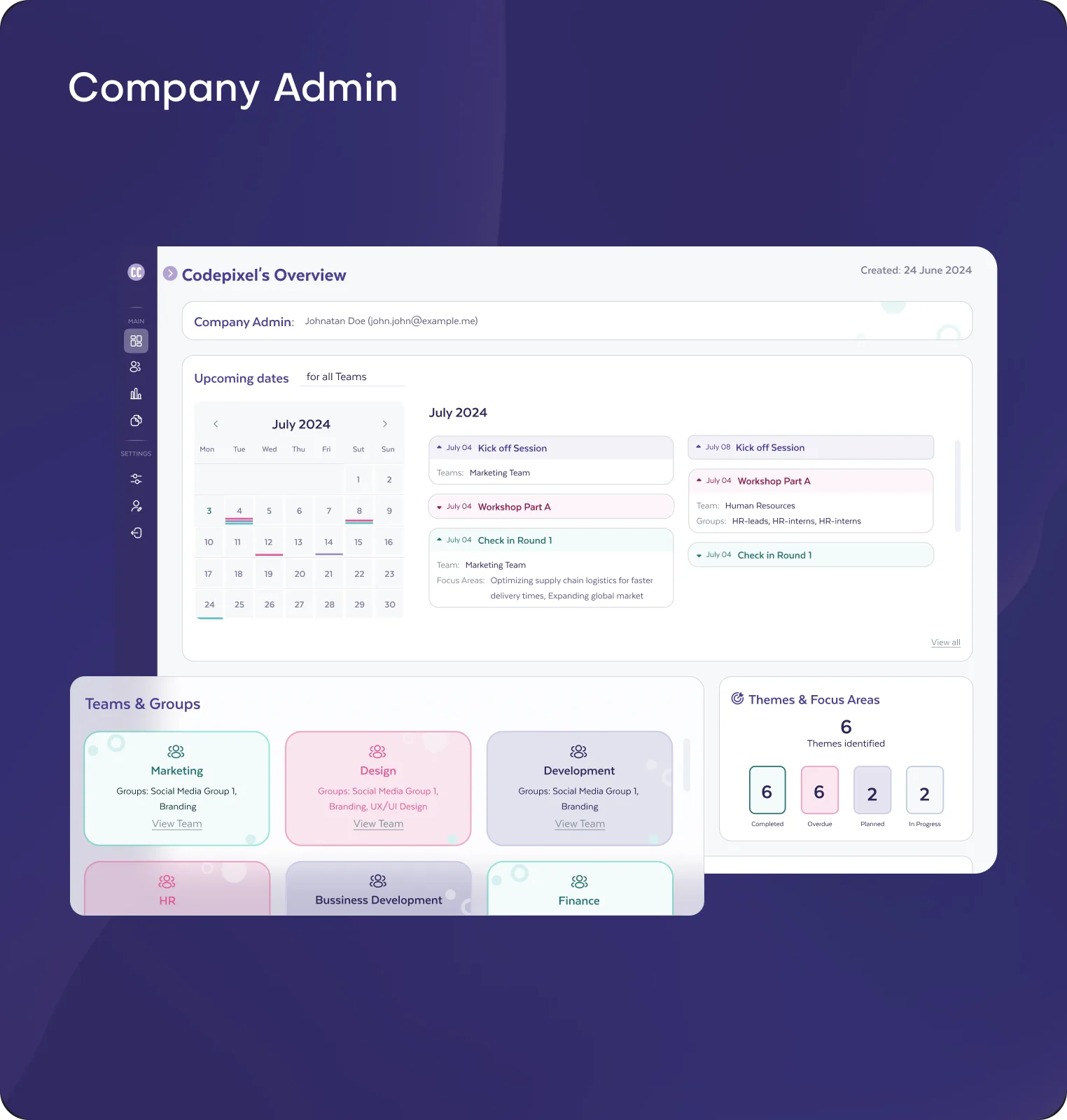 Company admin dashboard with upcoming session dates, teams and groups, and theme progress