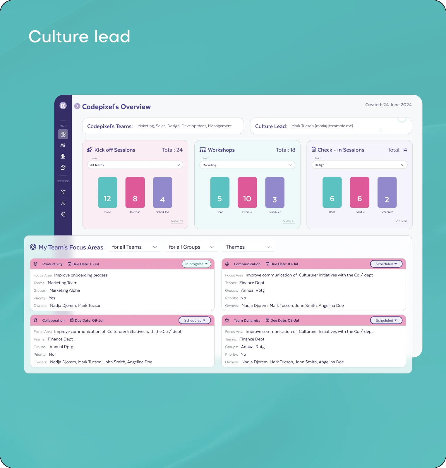 Culture lead dashboard with session counters and the team's focus areas