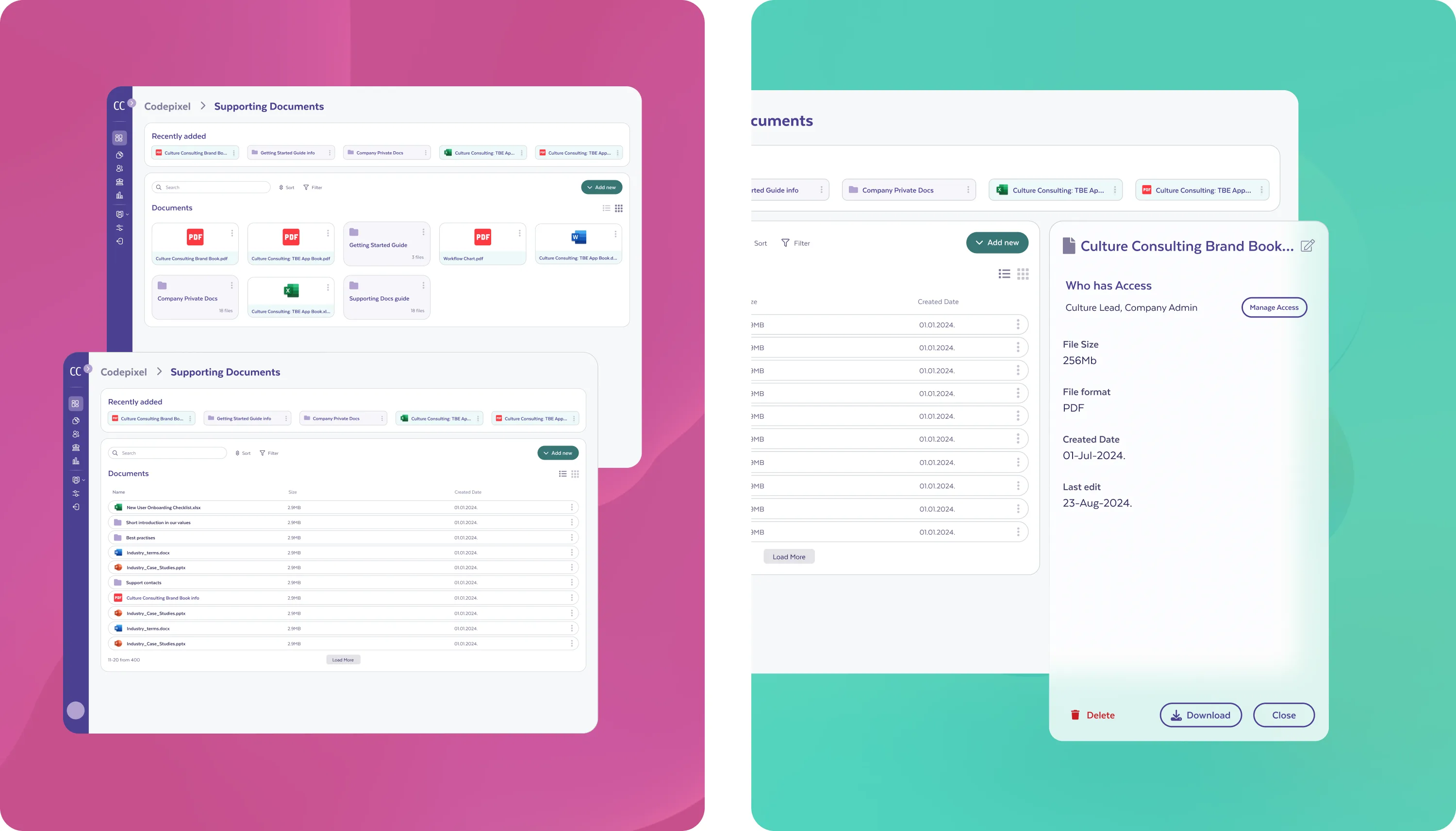 Document library with role-based visibility and password-protected entries
