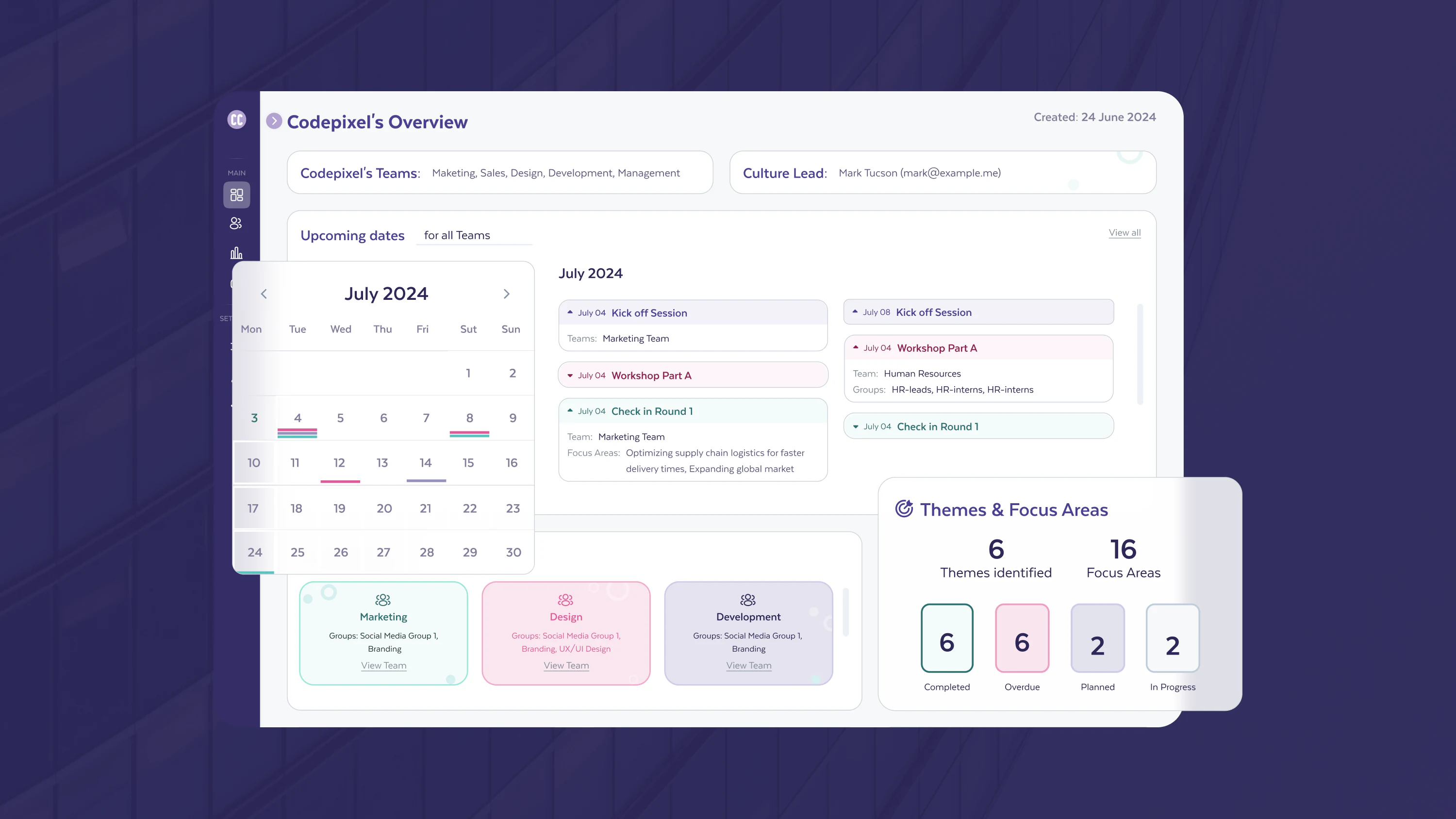 CultureEmbed consultant overview with upcoming sprints on a calendar
