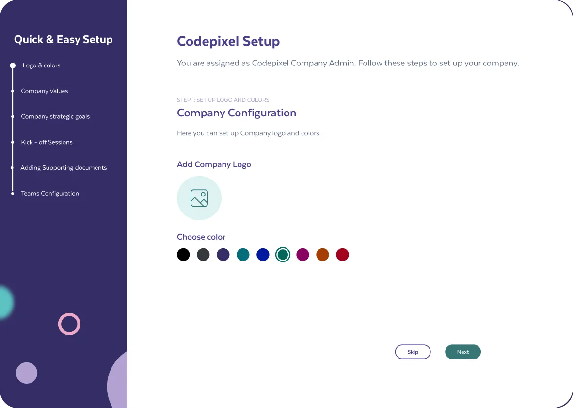 Company setup step for uploading a client logo and choosing brand colours
