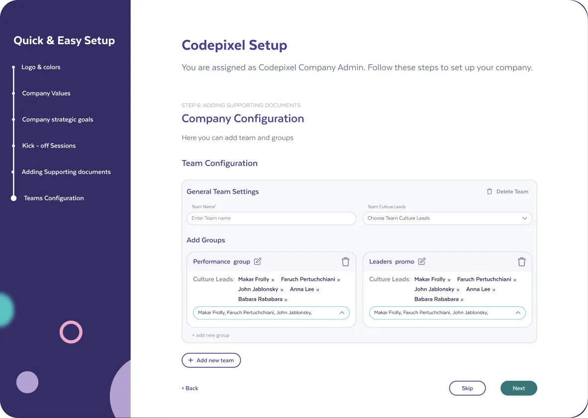 Company setup step for configuring teams and their groups