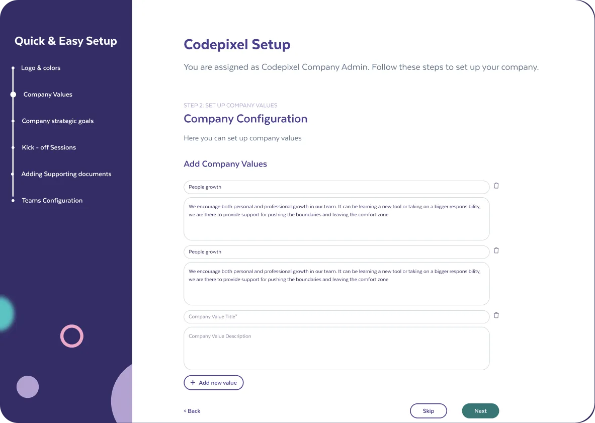 Company setup step for adding the company values teams will work from