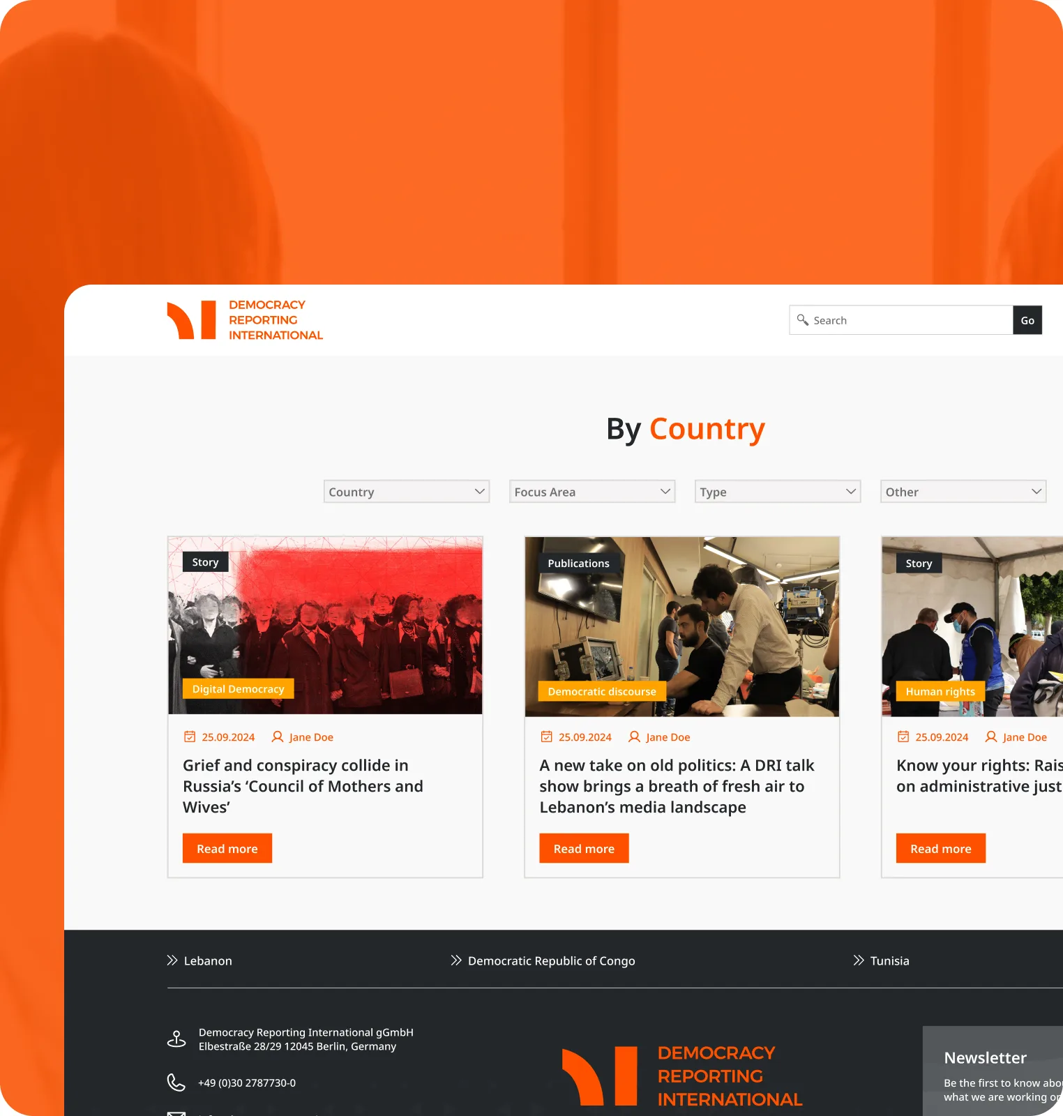 The DRI by-country page with its filters and three story cards