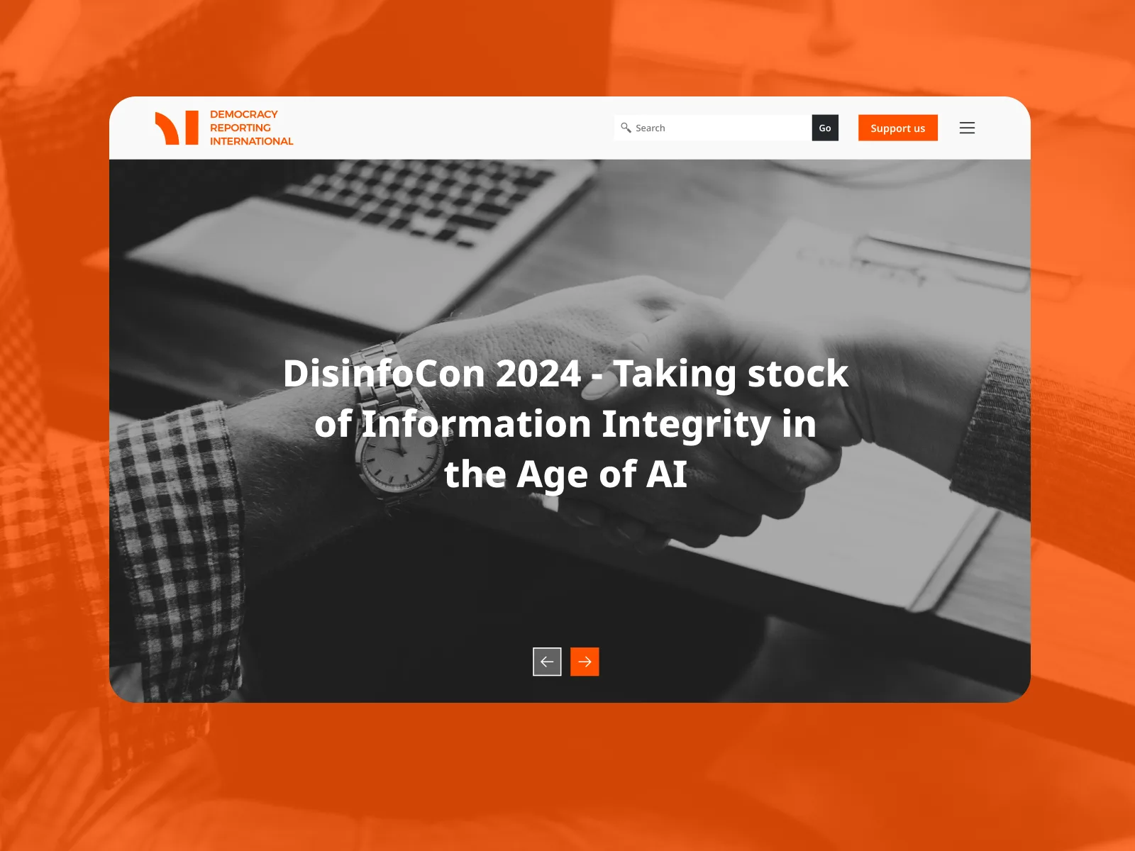 The Democracy Reporting International homepage with its hero slider