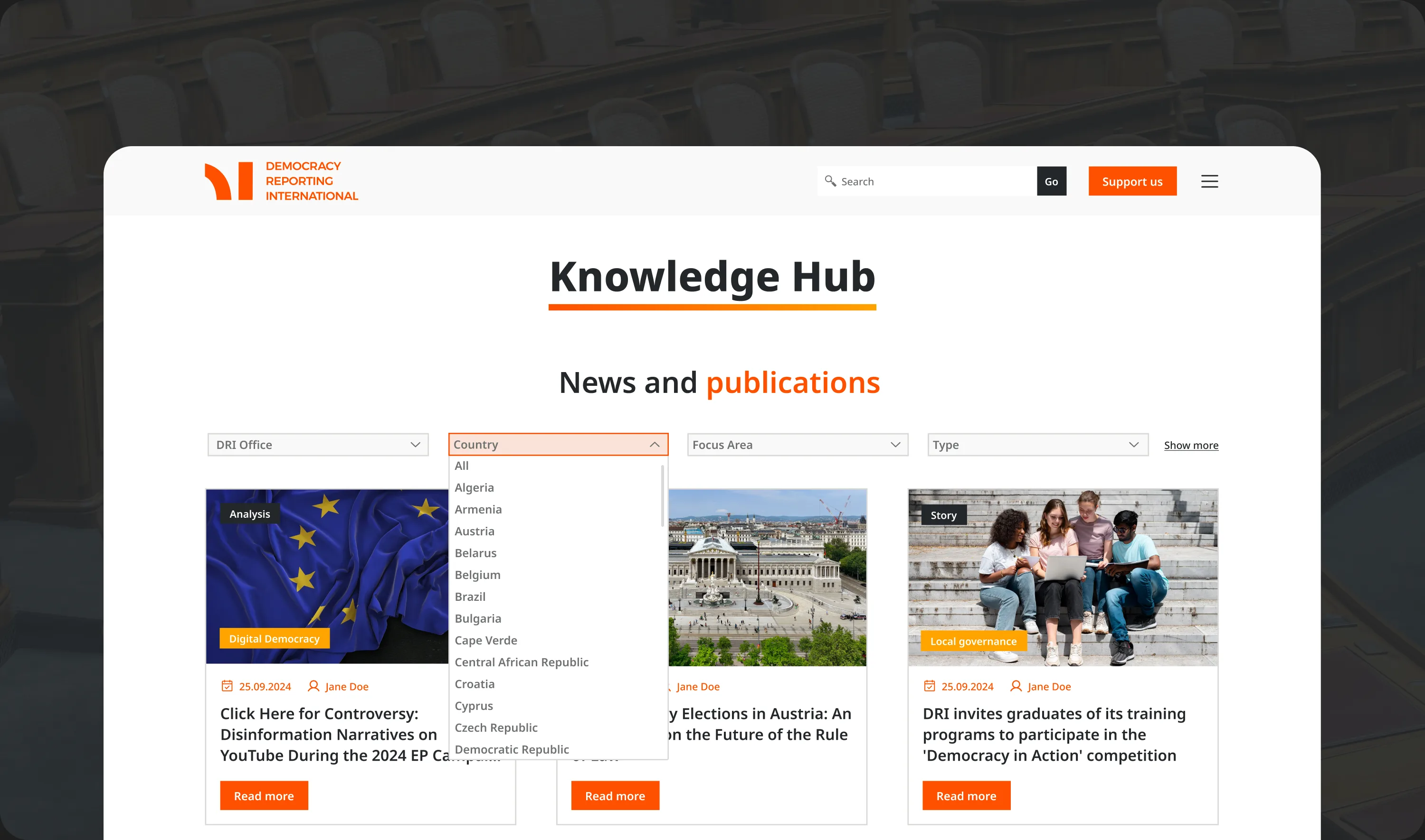 The Knowledge Hub with the Country filter open on its alphabetical list