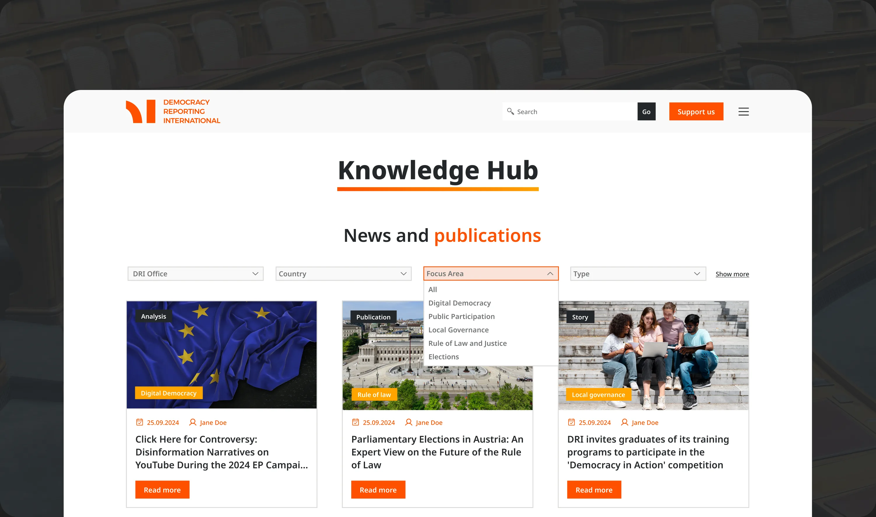 The Knowledge Hub with the Focus Area filter open, listing DRI's five programme areas
