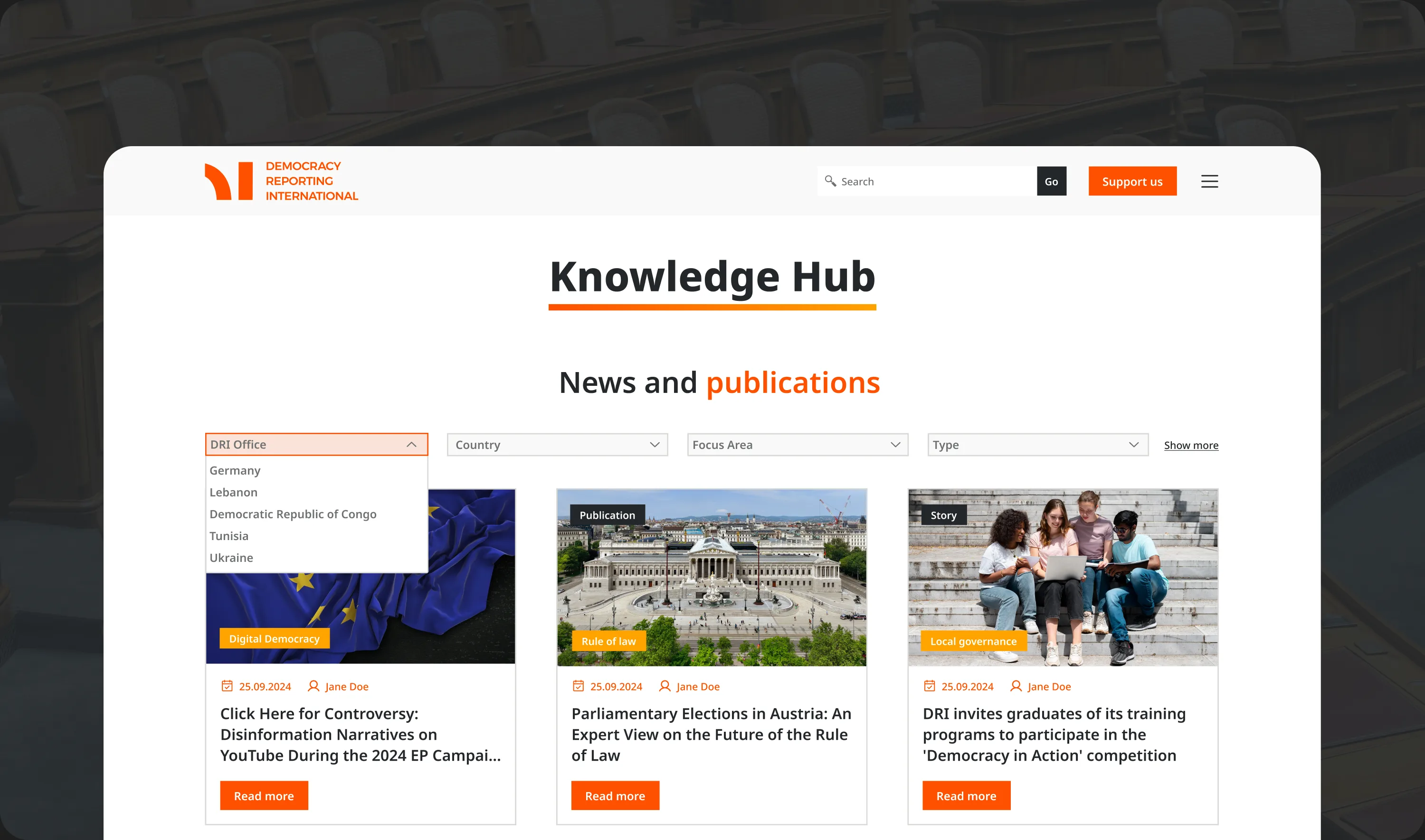 The Knowledge Hub with the DRI Office filter open, listing Germany, Lebanon, Democratic Republic of Congo, Tunisia and Ukraine
