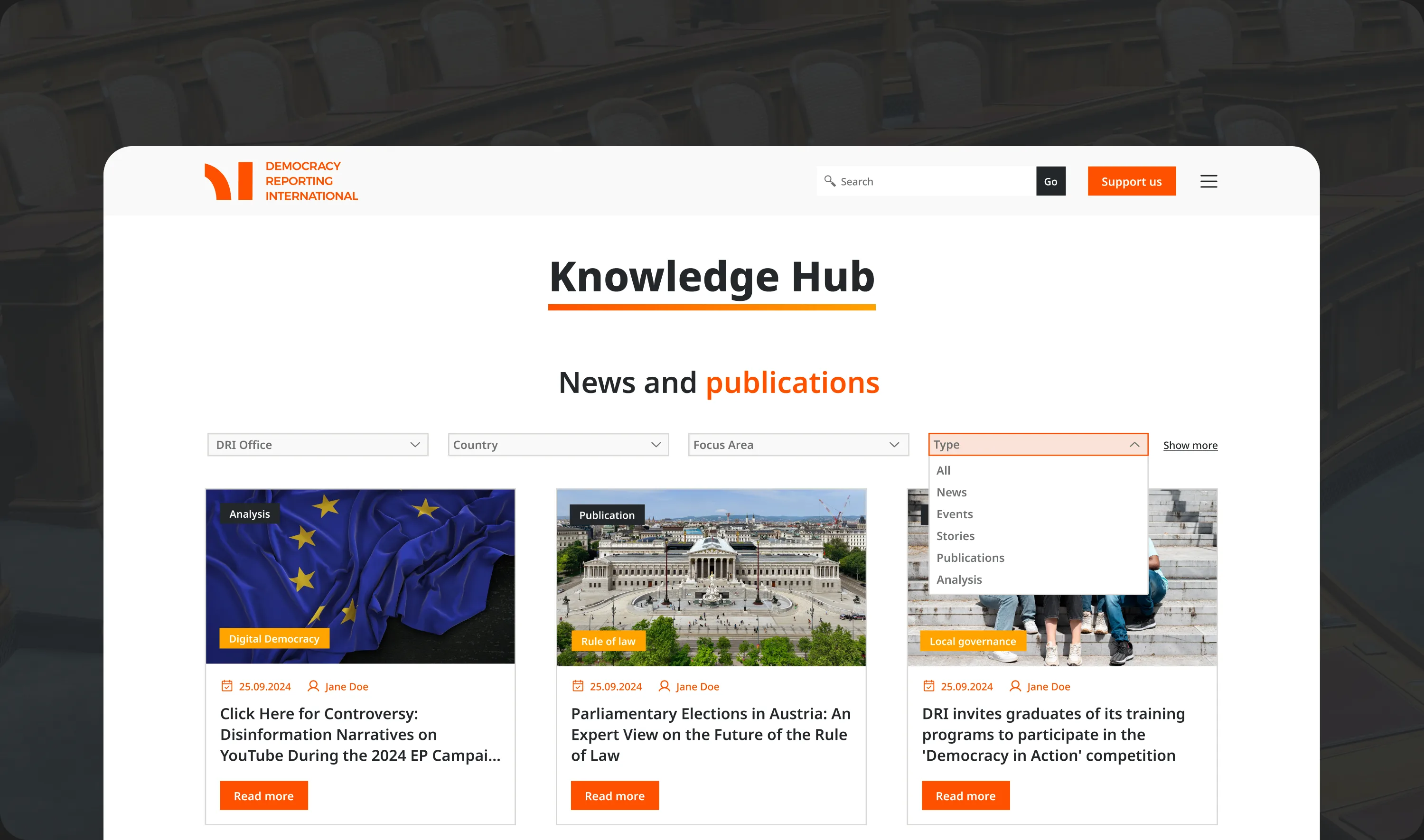 The Knowledge Hub with the Type filter open, listing news, events, stories, publications and analysis