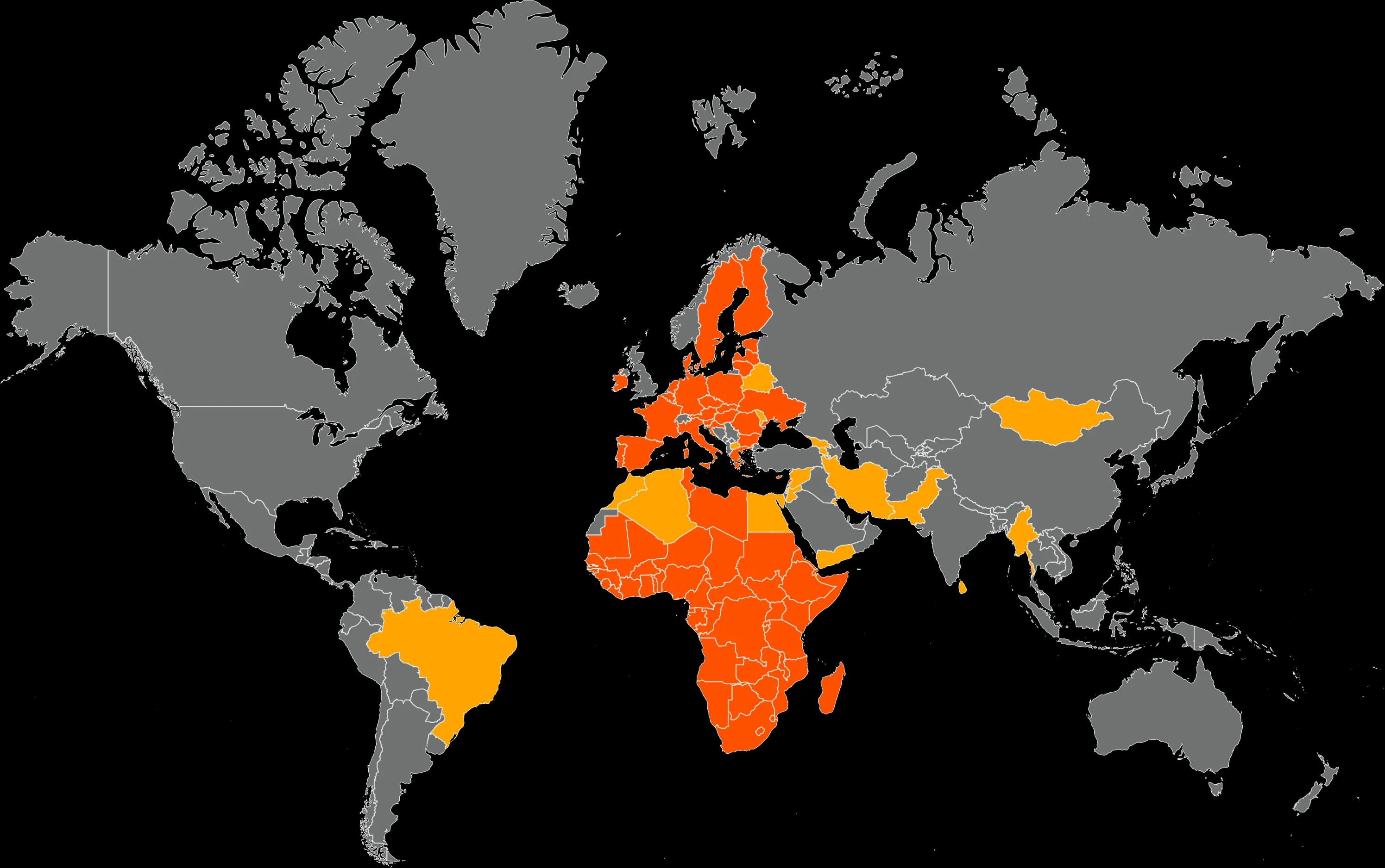 World map with the regions DRI works in highlighted