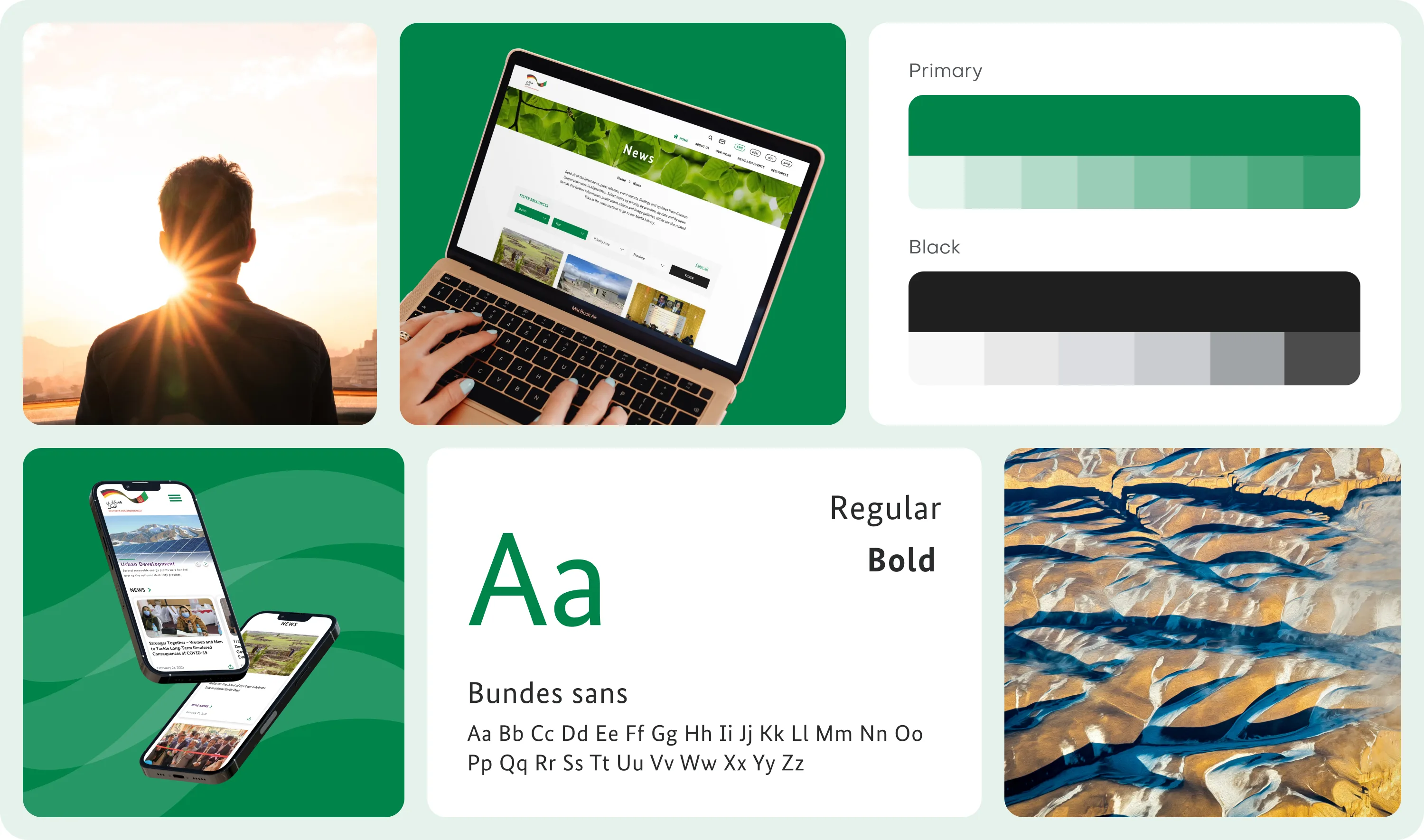 The GIZ design system board: project photography, the site on laptop and phones, the green and black colour ramps and the Bundes Sans typeface