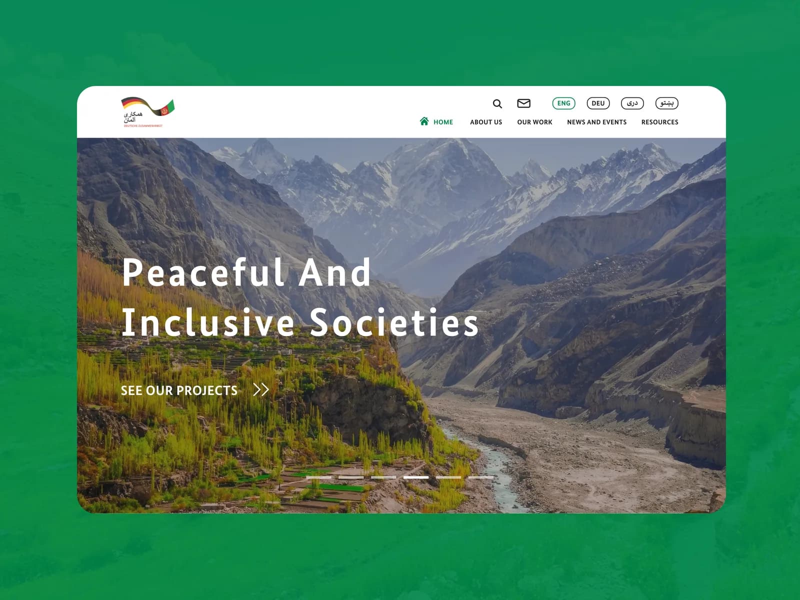 The GIZ Afghan-German cooperation homepage with its language switcher