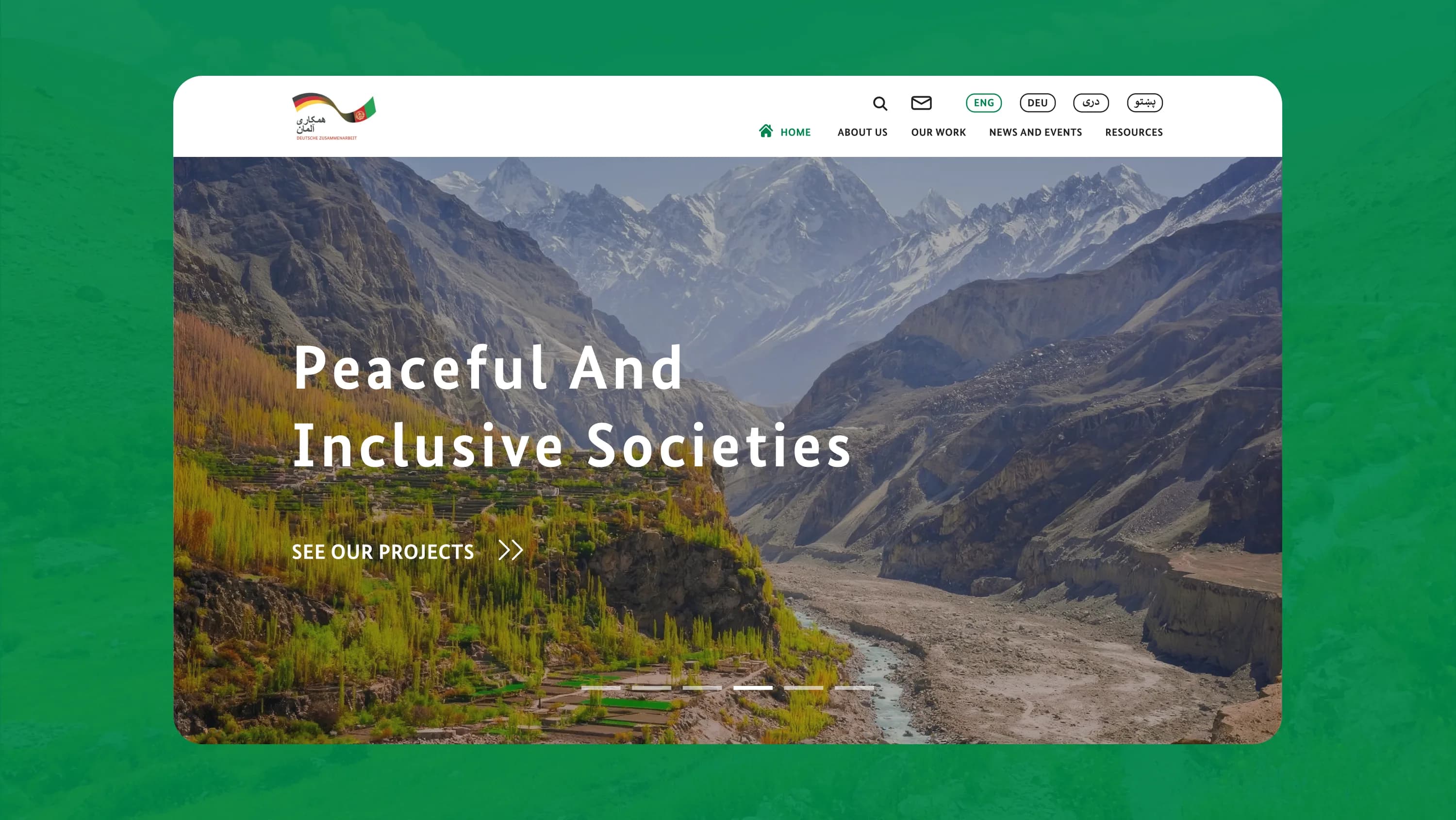 The GIZ Afghan-German cooperation homepage with its language switcher
