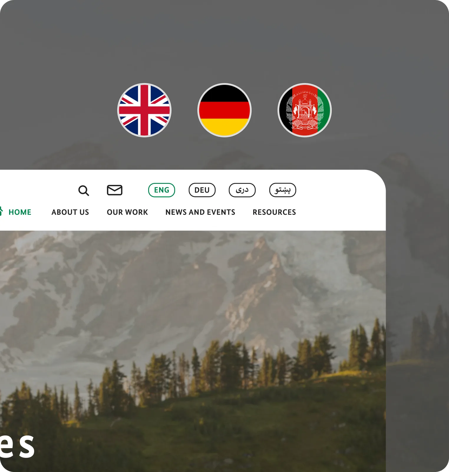 The site's language switcher offering English, German, Dari and Pashto, above the English, German and Afghan flags
