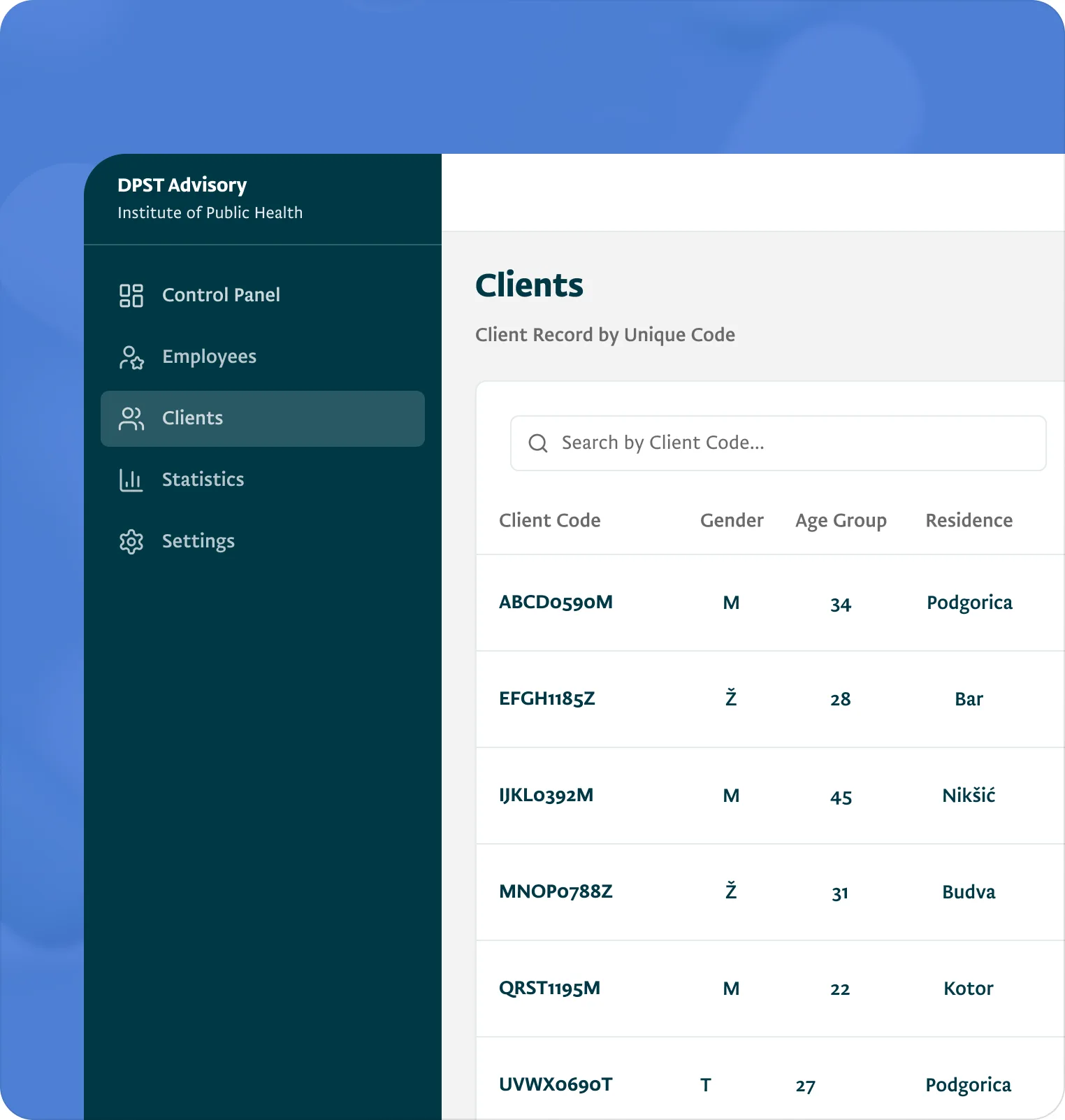 The clients list, where each row is a client code with only gender, age group and residence beside it