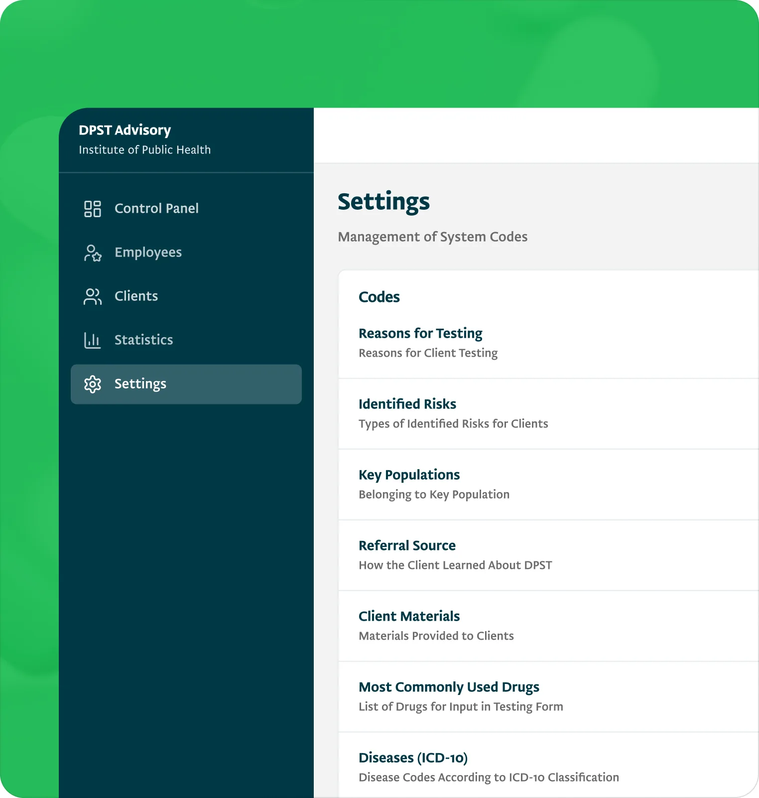 The settings screen listing the codebooks an administrator maintains, from testing reasons to ICD-10 diagnoses