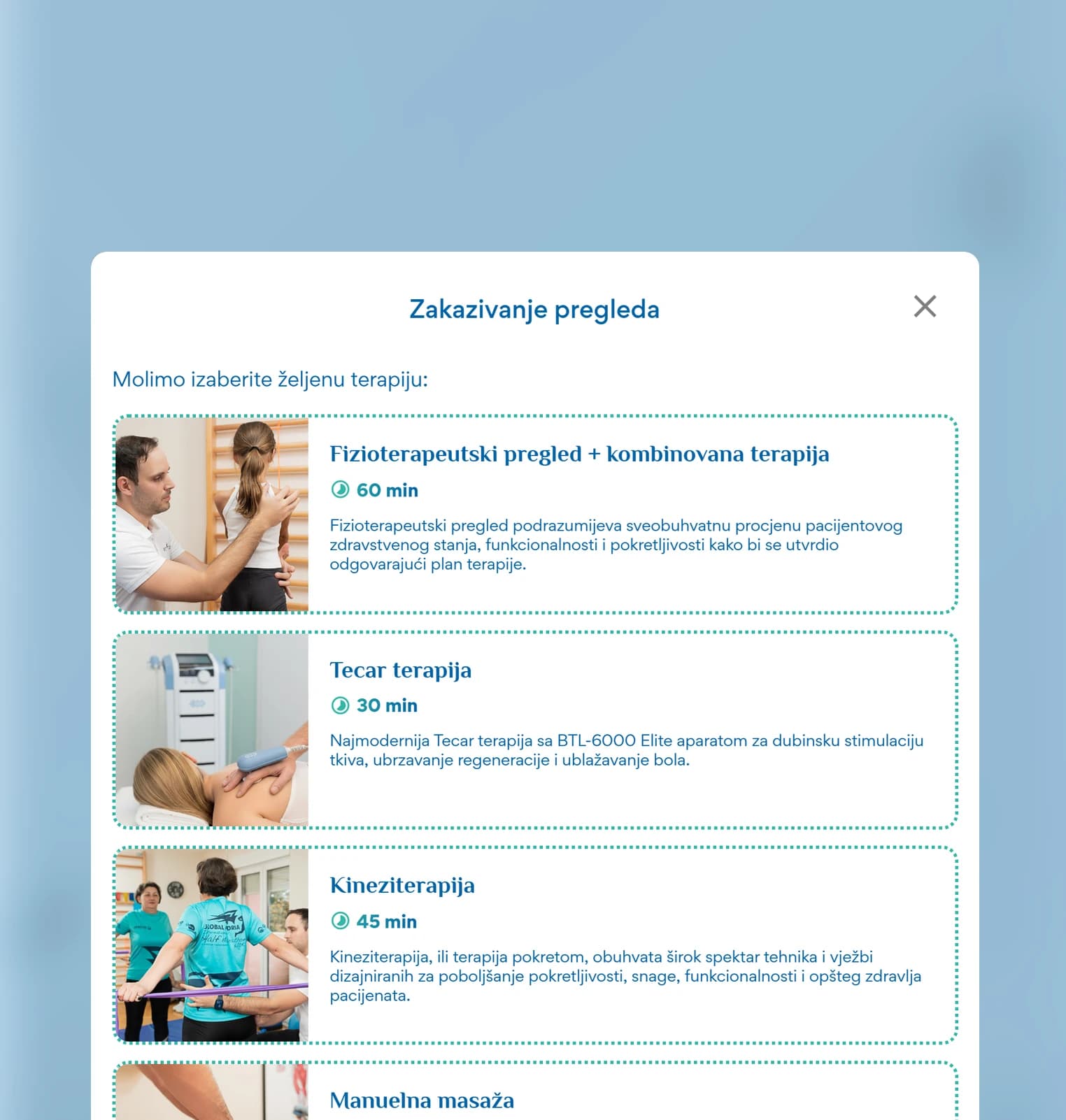 The IMC Fizio booking window listing each treatment with its duration