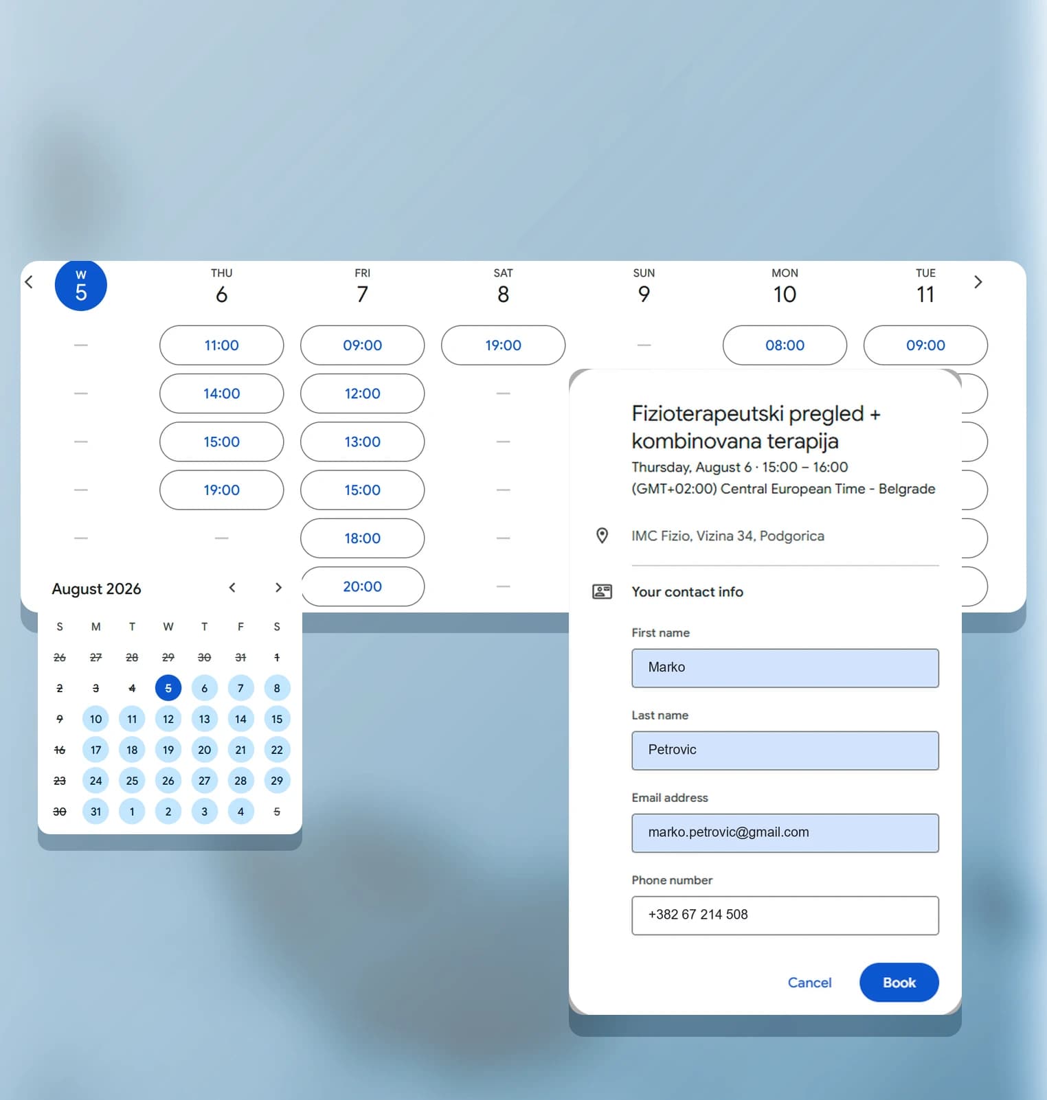 Free appointment times for the selected treatment across a week