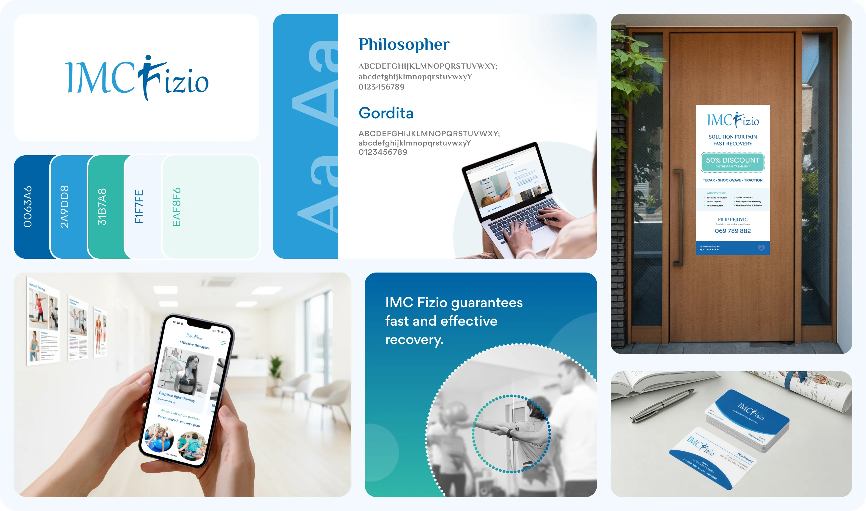 IMC Fizio brand board: logo, colour palette, typography and print mockups