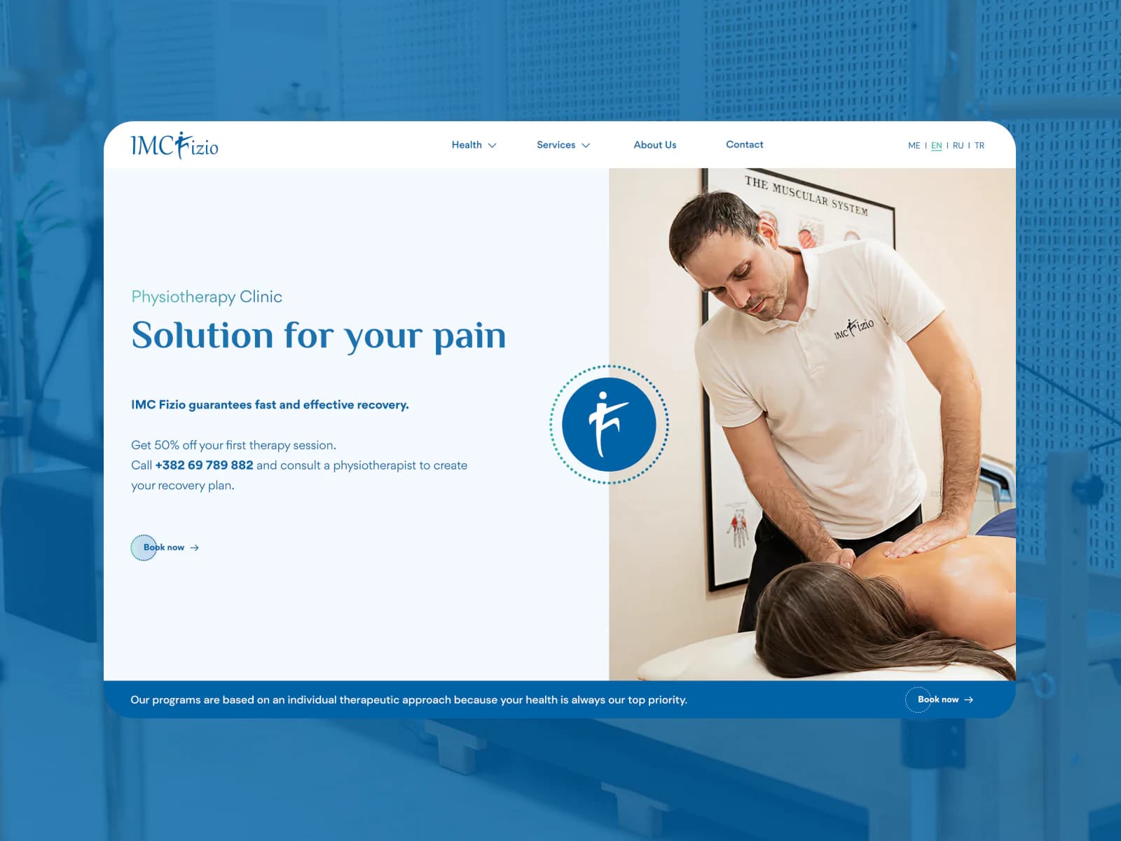 IMC Fizio website homepage with the four-language switcher