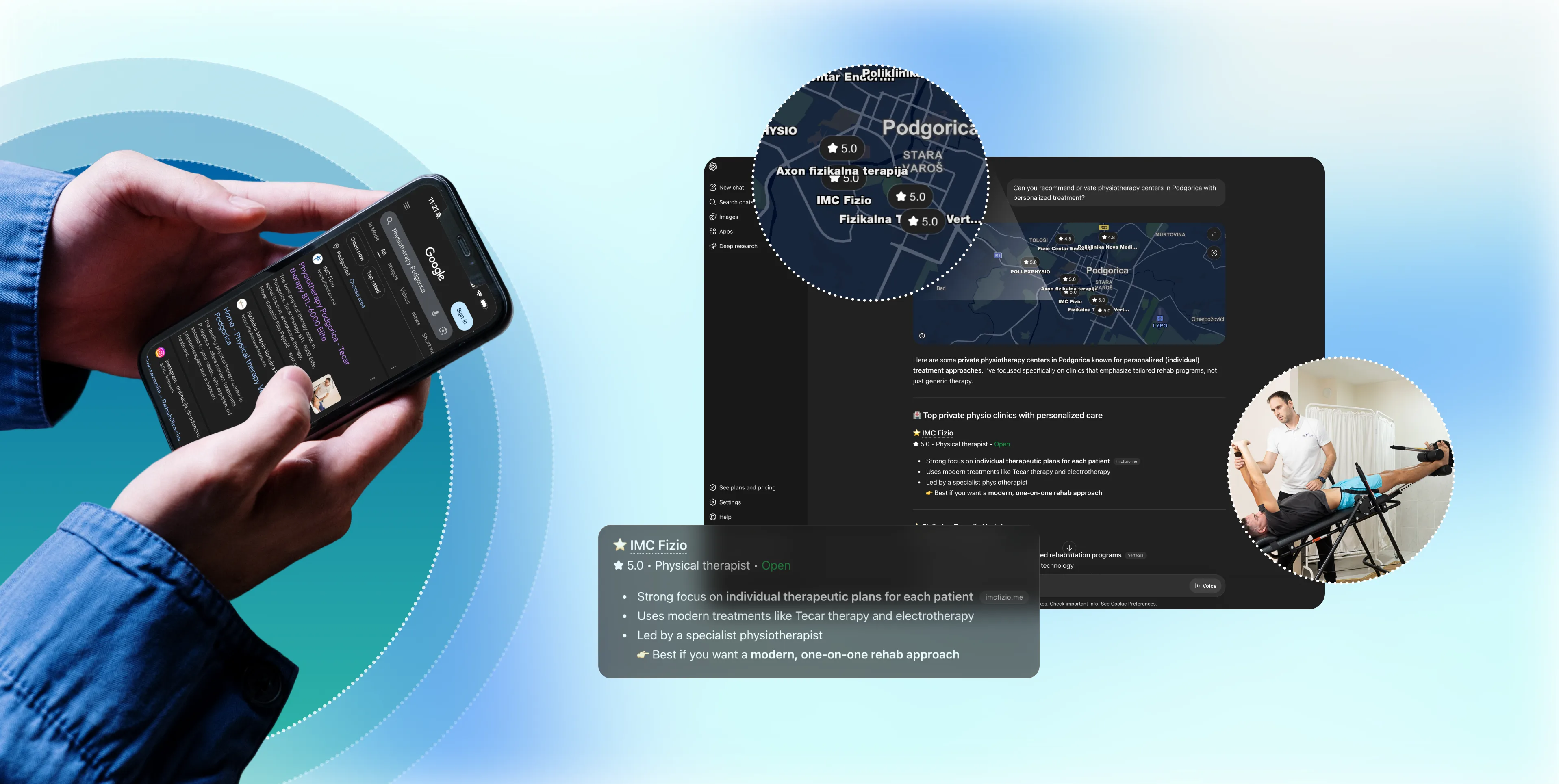 IMC Fizio surfacing in Google and ChatGPT search results on mobile