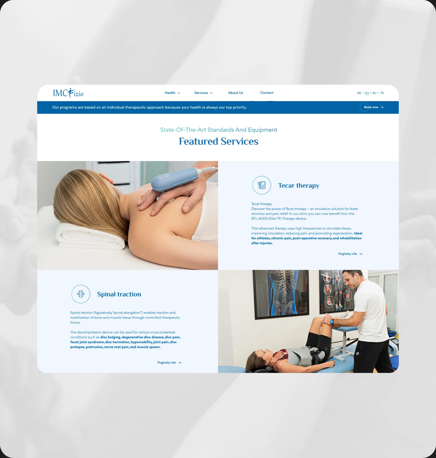 IMC Fizio featured services grid with treatment cards