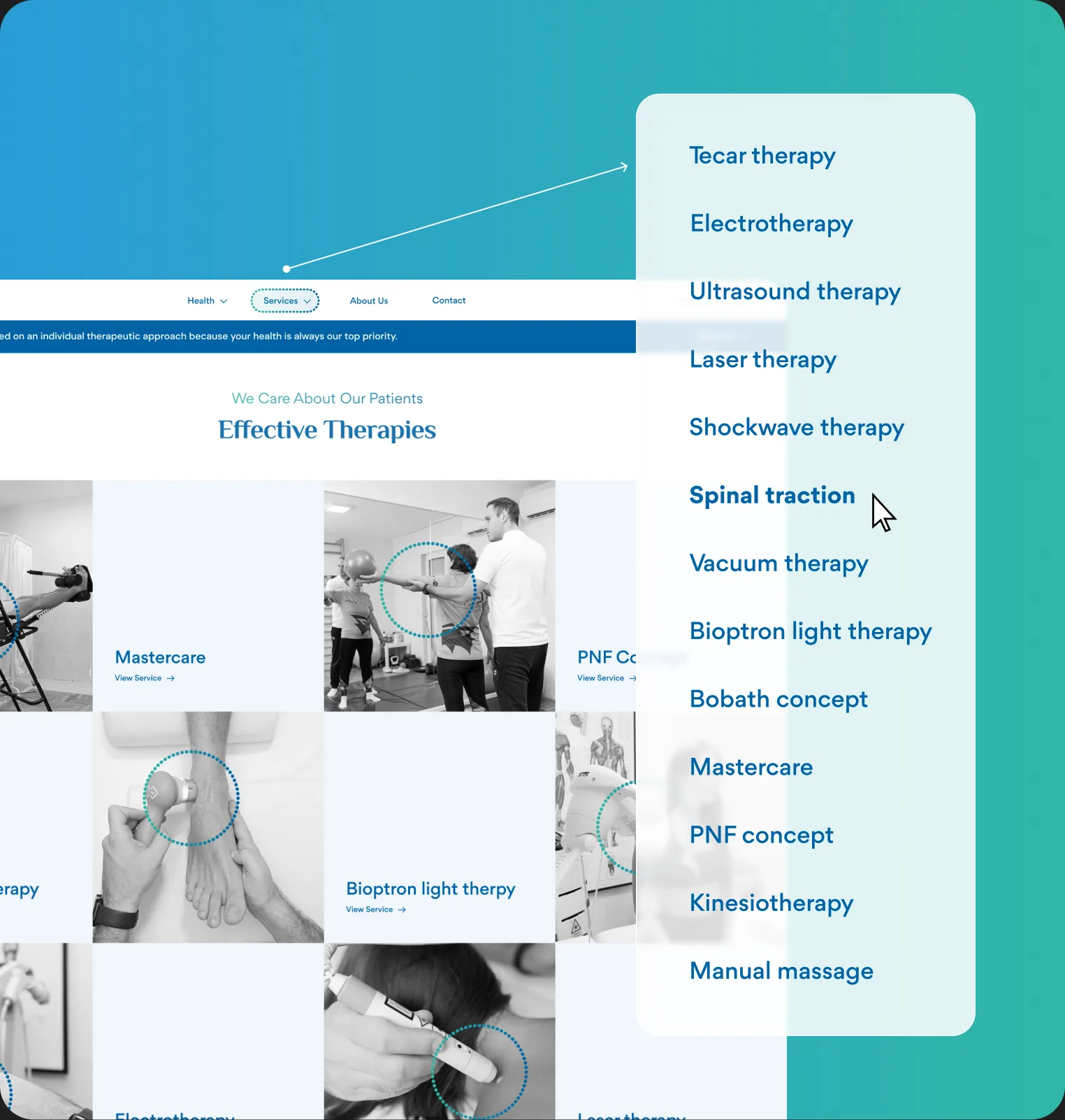 Therapies overview with the full services menu open