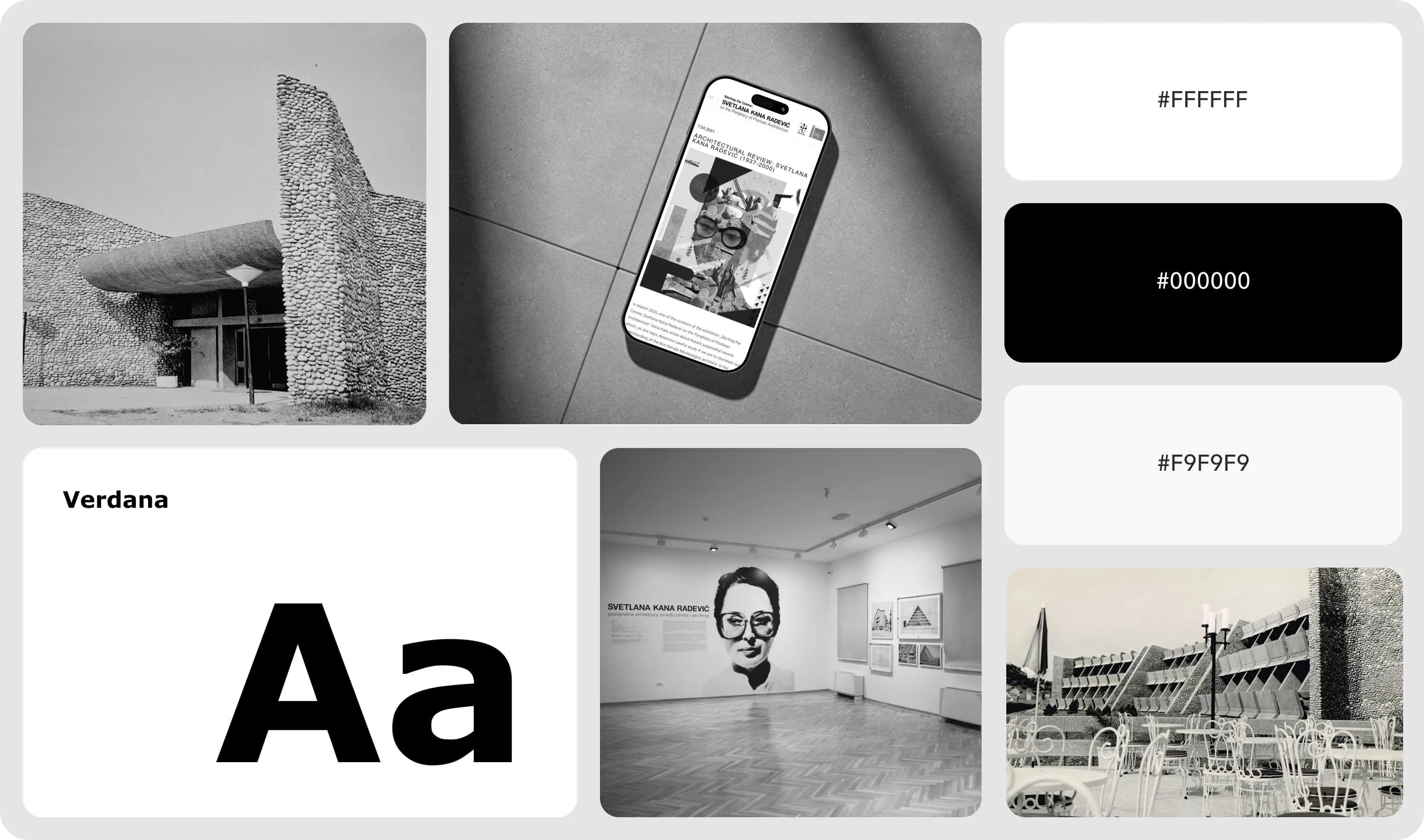 Brand board for the exhibition site: Kana's buildings in black and white, the mobile site, a Verdana type specimen and a three-tone monochrome palette
