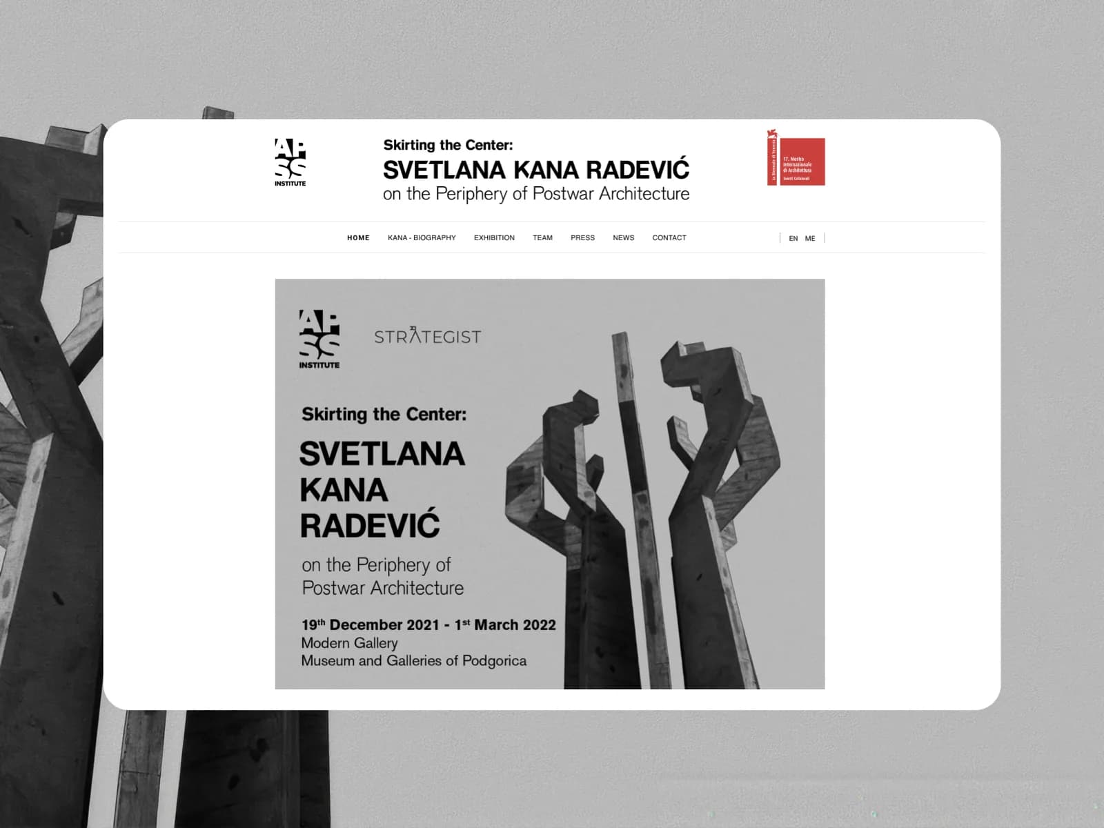 The Skirting the Center exhibition homepage over Kana Radević's Barutana monument
