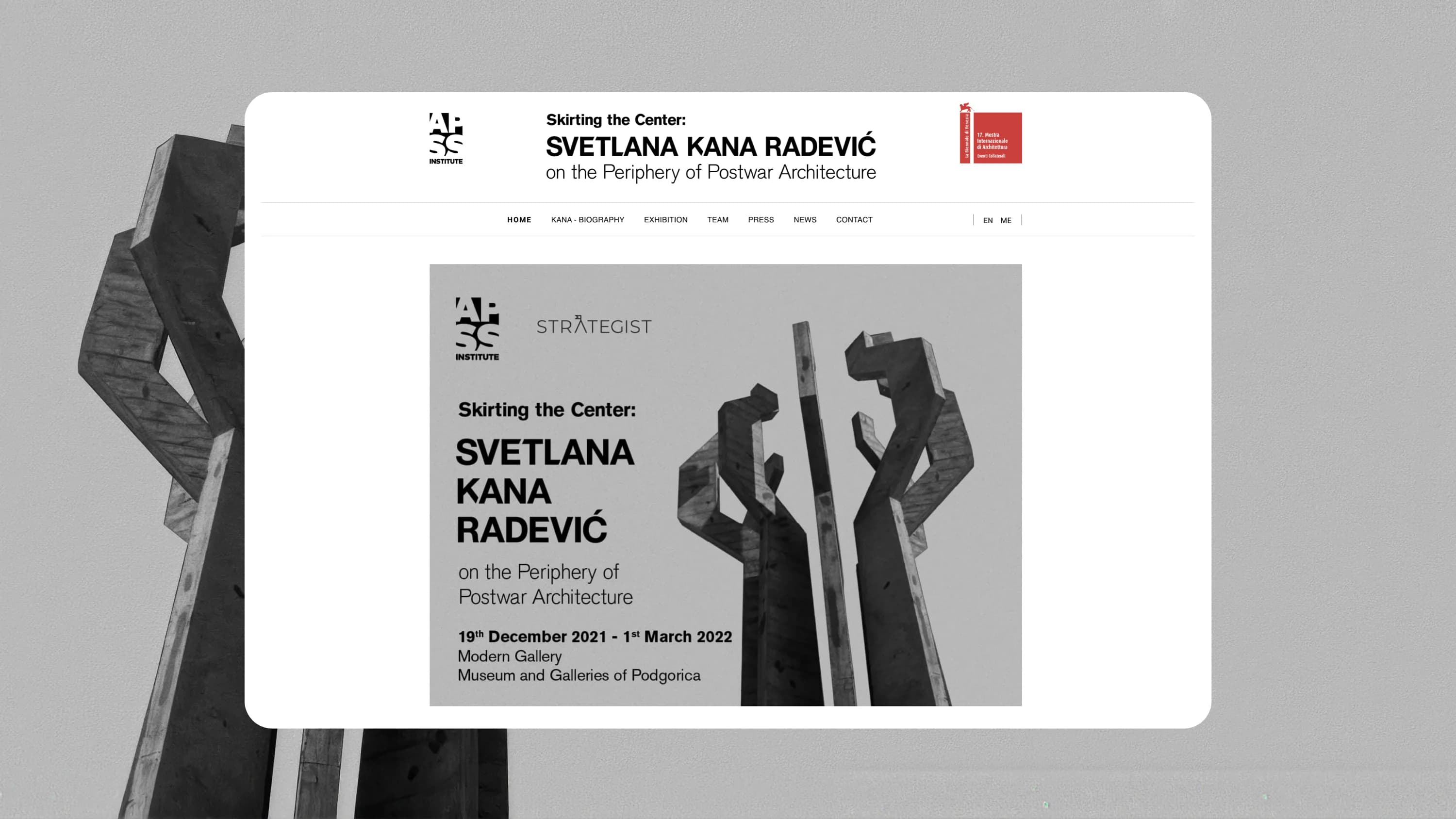 The Skirting the Center exhibition homepage over Kana Radević's Barutana monument